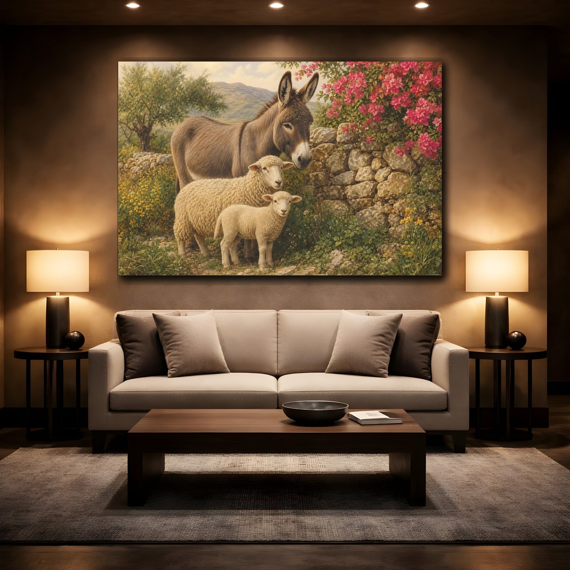 Mockup 2. Safari Luxury Realism Donkey And Sheep By Stone Fence shown as stretched canvas wall art