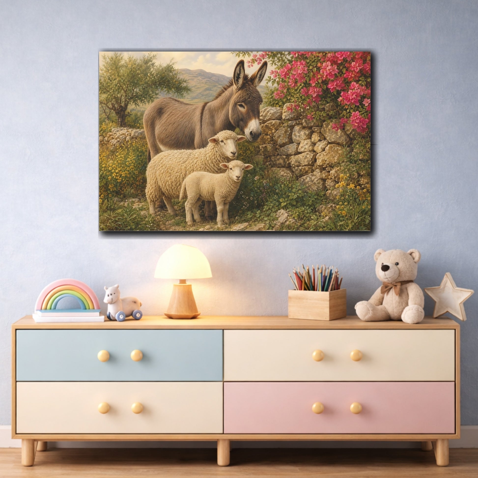 Mockup 3. Safari Luxury Realism Donkey And Sheep By Stone Fence shown as stretched canvas wall art