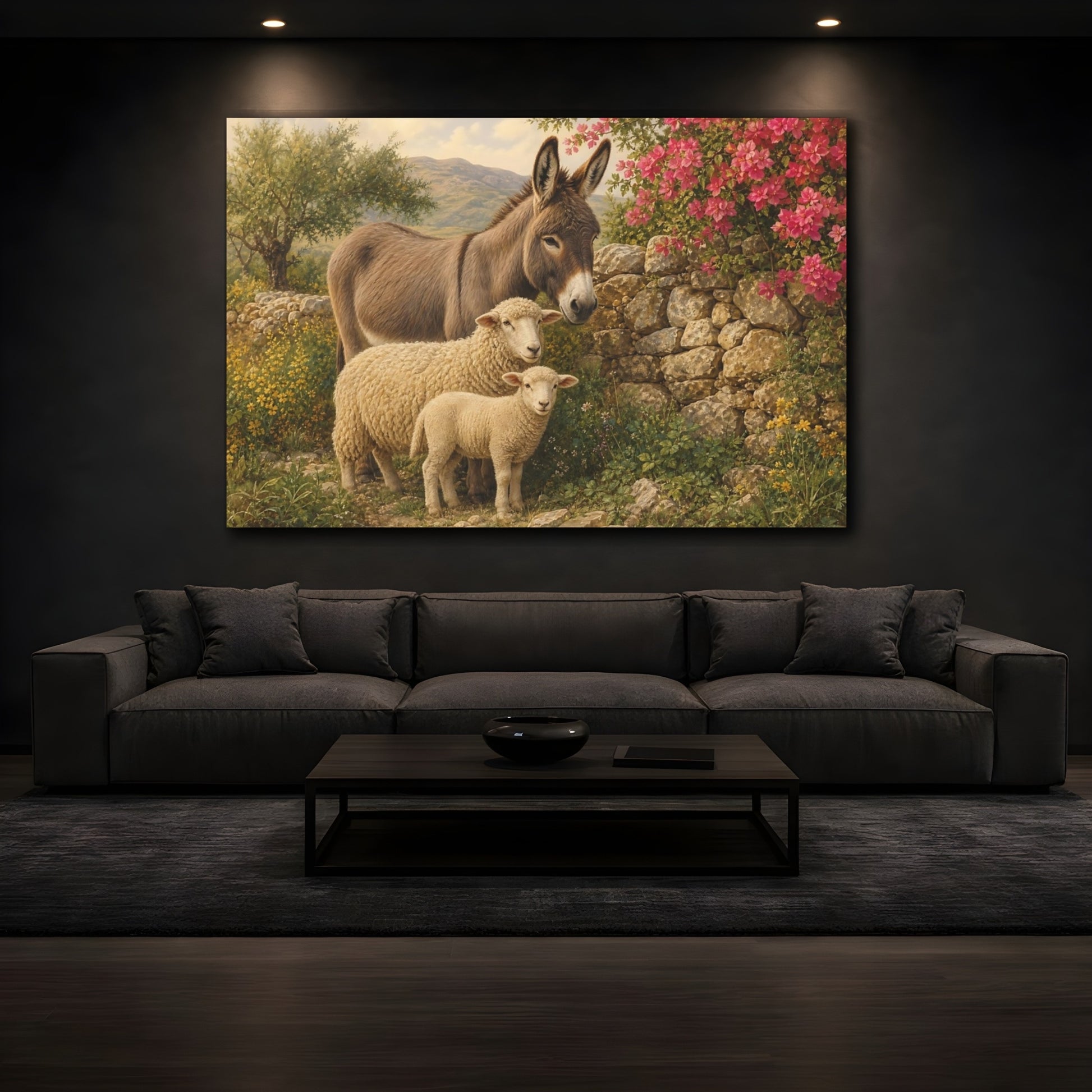 Mockup 4. Safari Luxury Realism Donkey And Sheep By Stone Fence shown as stretched canvas wall art