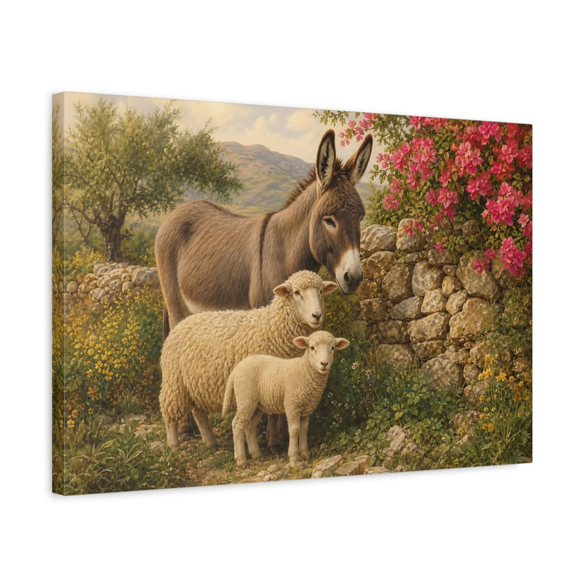 Side Mockup 3. Safari Luxury Realism Donkey And Sheep By Stone Fence shown as stretched canvas wall art