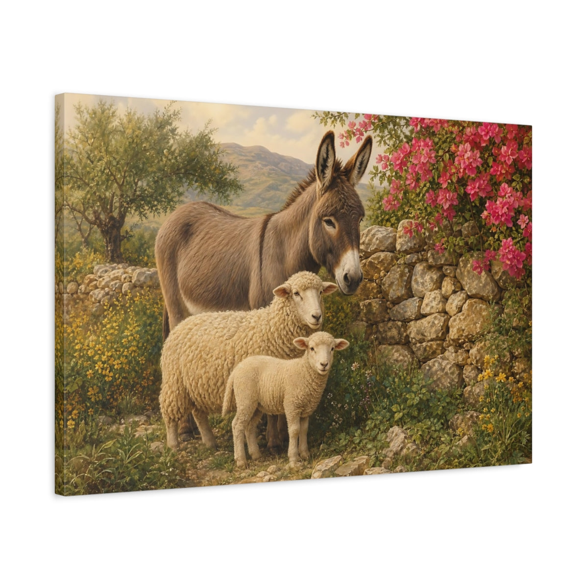 Side Mockup 2. Safari Luxury Realism Donkey And Sheep By Stone Fence shown as stretched canvas wall art