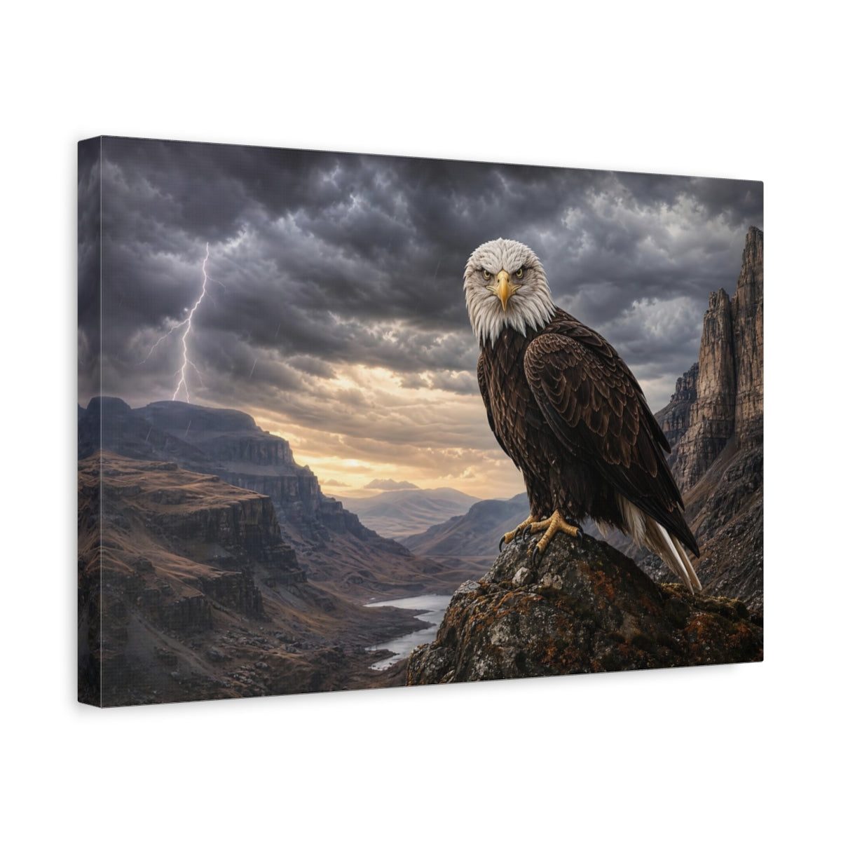 Side Mockup 4. Safari Luxury Realism Eagle Perched On Cliff In Storm Wind shown as stretched canvas wall art