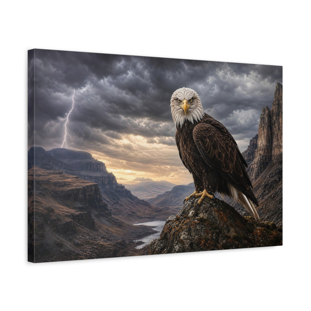 Side Mockup 3. Safari Luxury Realism Eagle Perched On Cliff In Storm Wind shown as stretched canvas wall art