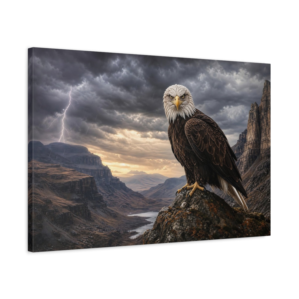 Side Mockup 2. Safari Luxury Realism Eagle Perched On Cliff In Storm Wind shown as stretched canvas wall art