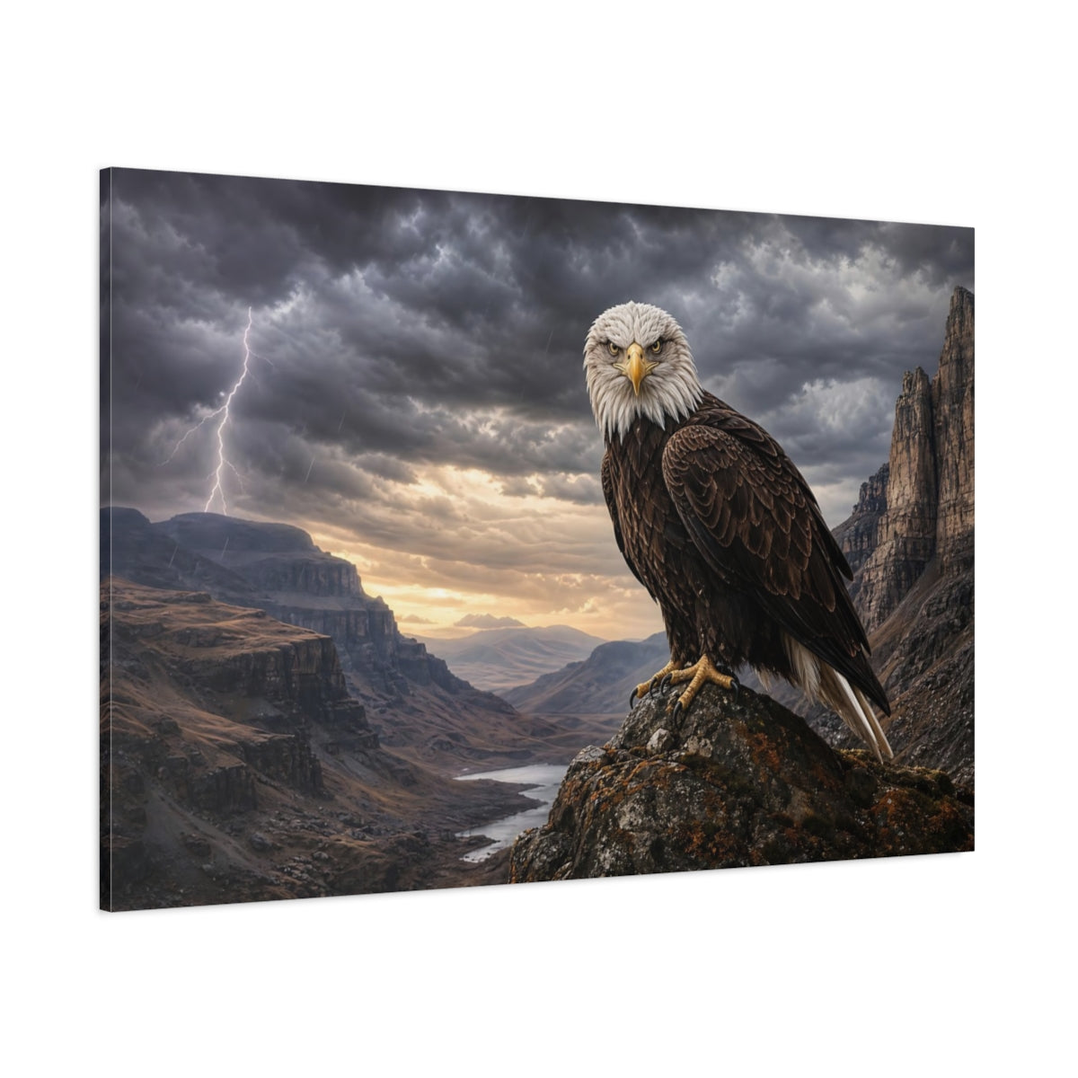 Side Mockup 1. Safari Luxury Realism Eagle Perched On Cliff In Storm Wind shown as stretched canvas wall art