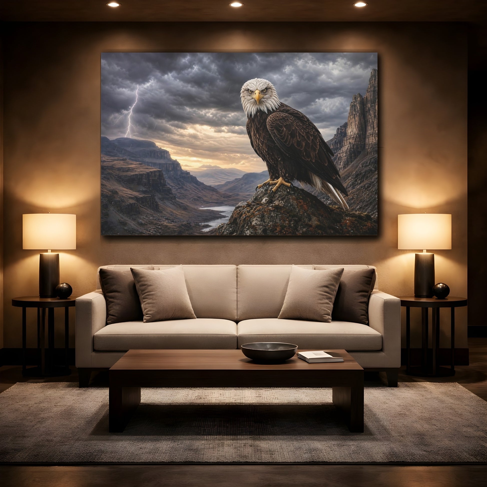 Mockup 2. Safari Luxury Realism Eagle Perched On Cliff In Storm Wind shown as stretched canvas wall art