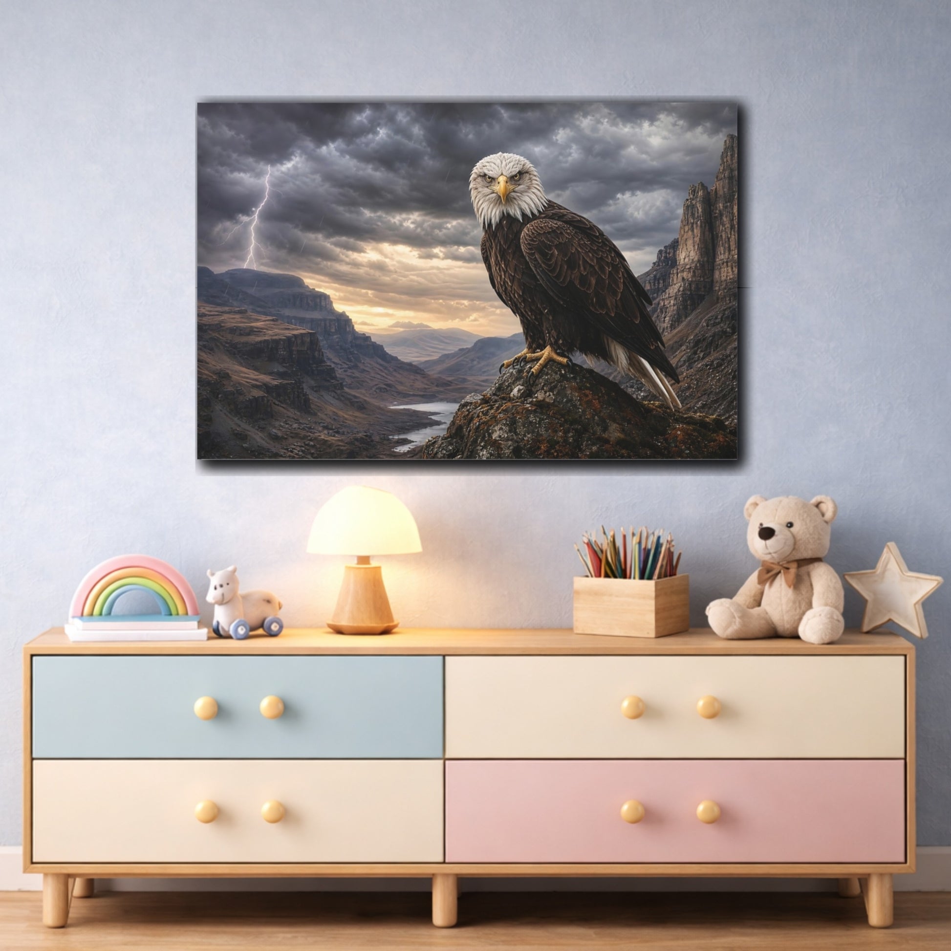 Mockup 3. Safari Luxury Realism Eagle Perched On Cliff In Storm Wind shown as stretched canvas wall art