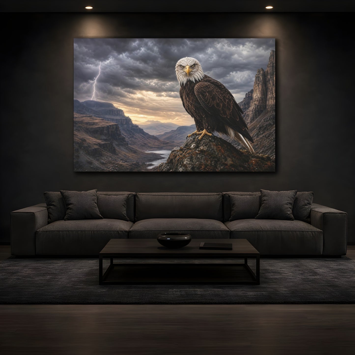 Mockup 4. Safari Luxury Realism Eagle Perched On Cliff In Storm Wind shown as stretched canvas wall art