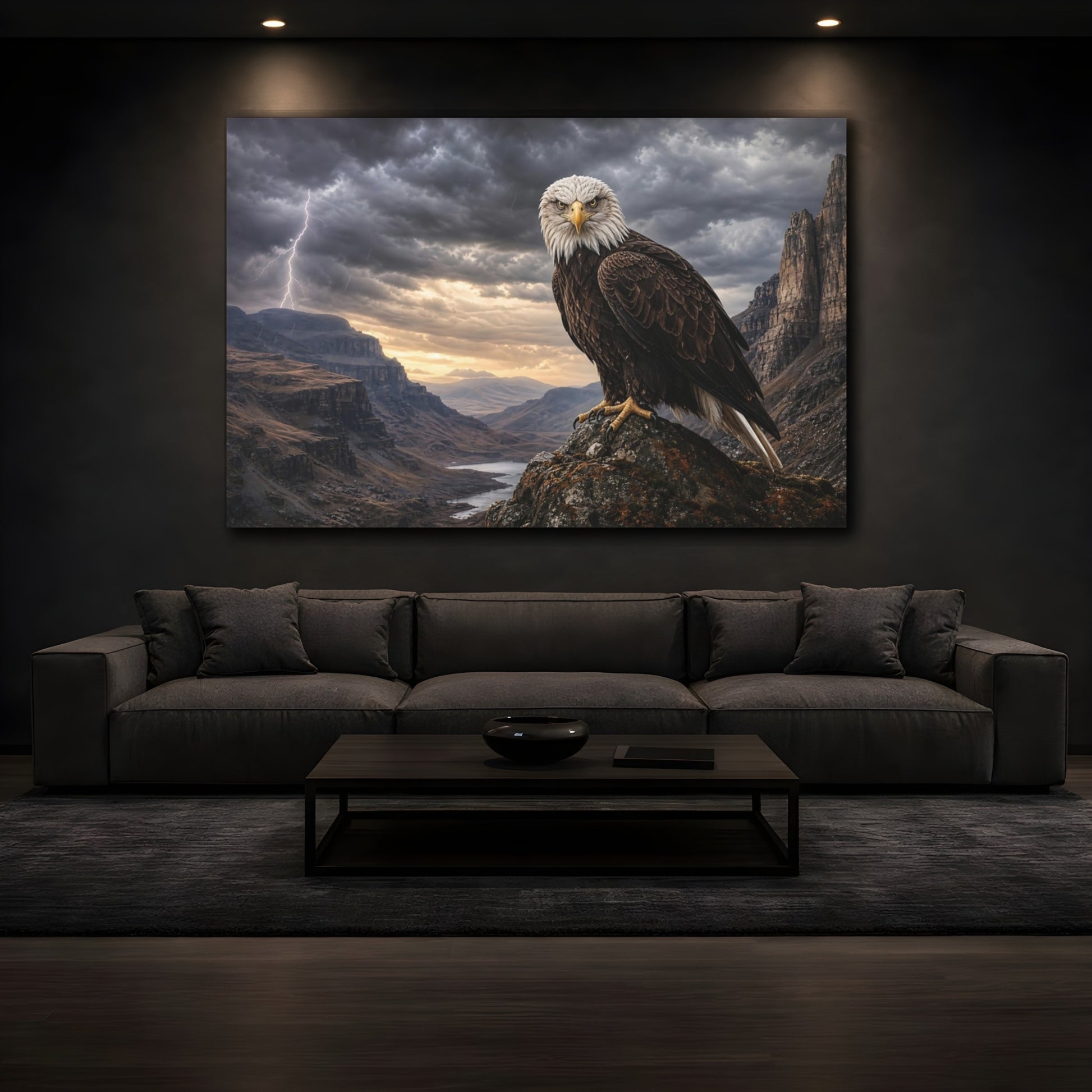Mockup 4. Safari Luxury Realism Eagle Perched On Cliff In Storm Wind shown as stretched canvas wall art