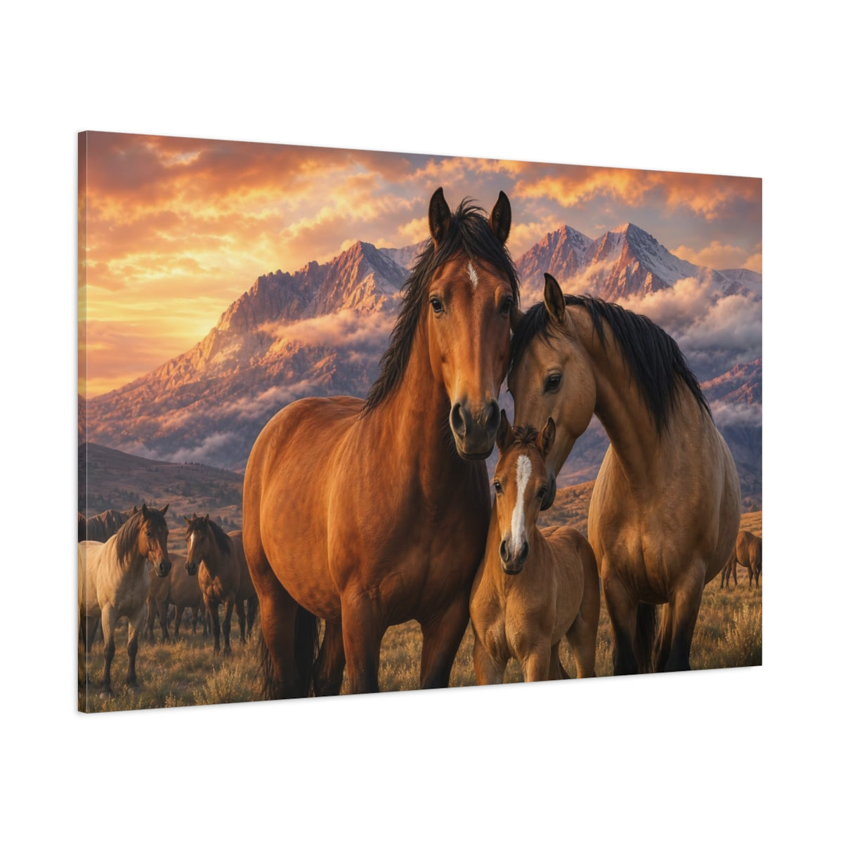 Side Mockup 1. Safari Luxury Realism Horse Herd Beneath Mountain Clouds shown as stretched canvas wall art