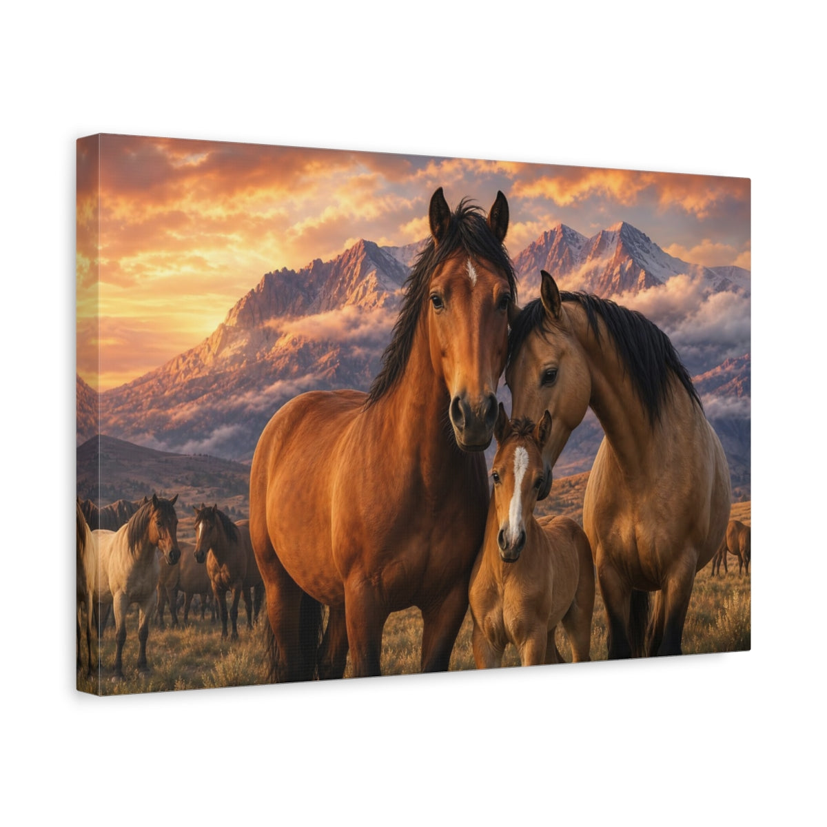 Side Mockup 4. Safari Luxury Realism Horse Herd Beneath Mountain Clouds shown as stretched canvas wall art