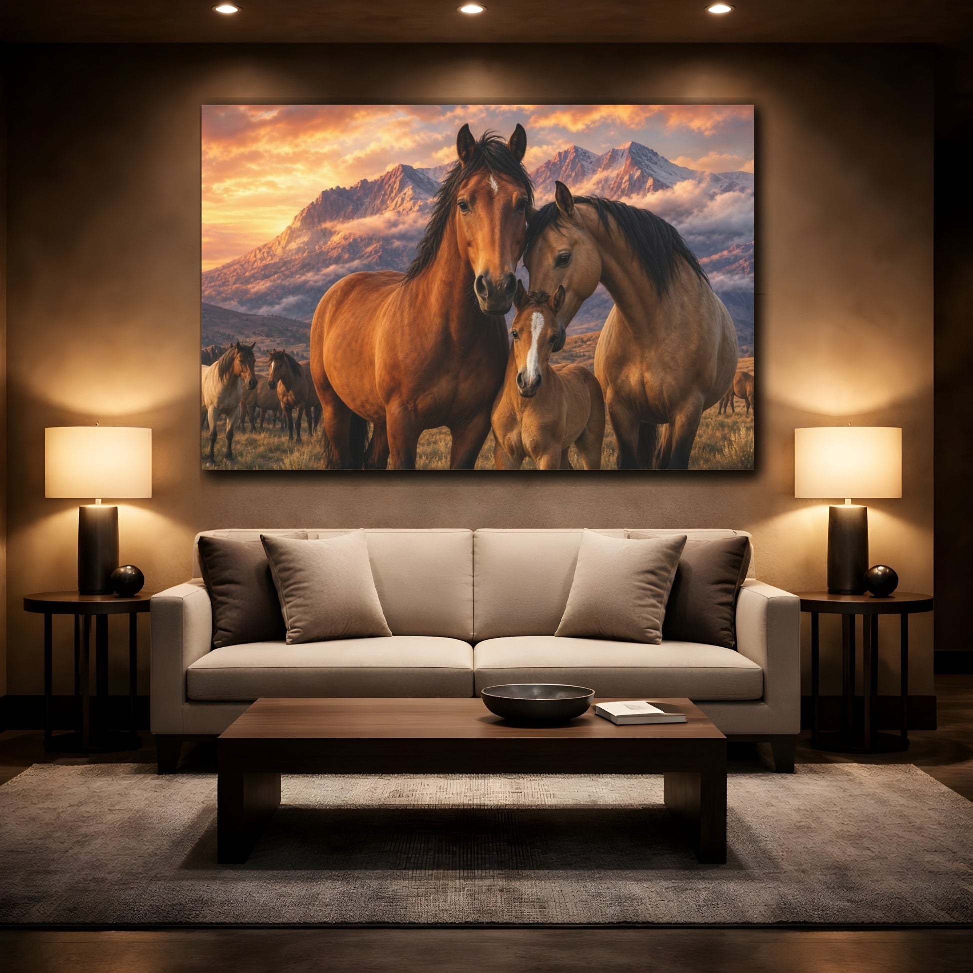 Mockup 2. Safari Luxury Realism Horse Herd Beneath Mountain Clouds shown as stretched canvas wall art