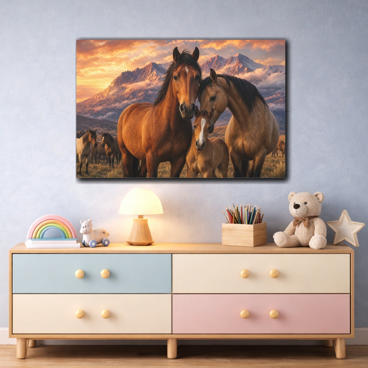 Mockup 3. Safari Luxury Realism Horse Herd Beneath Mountain Clouds shown as stretched canvas wall art