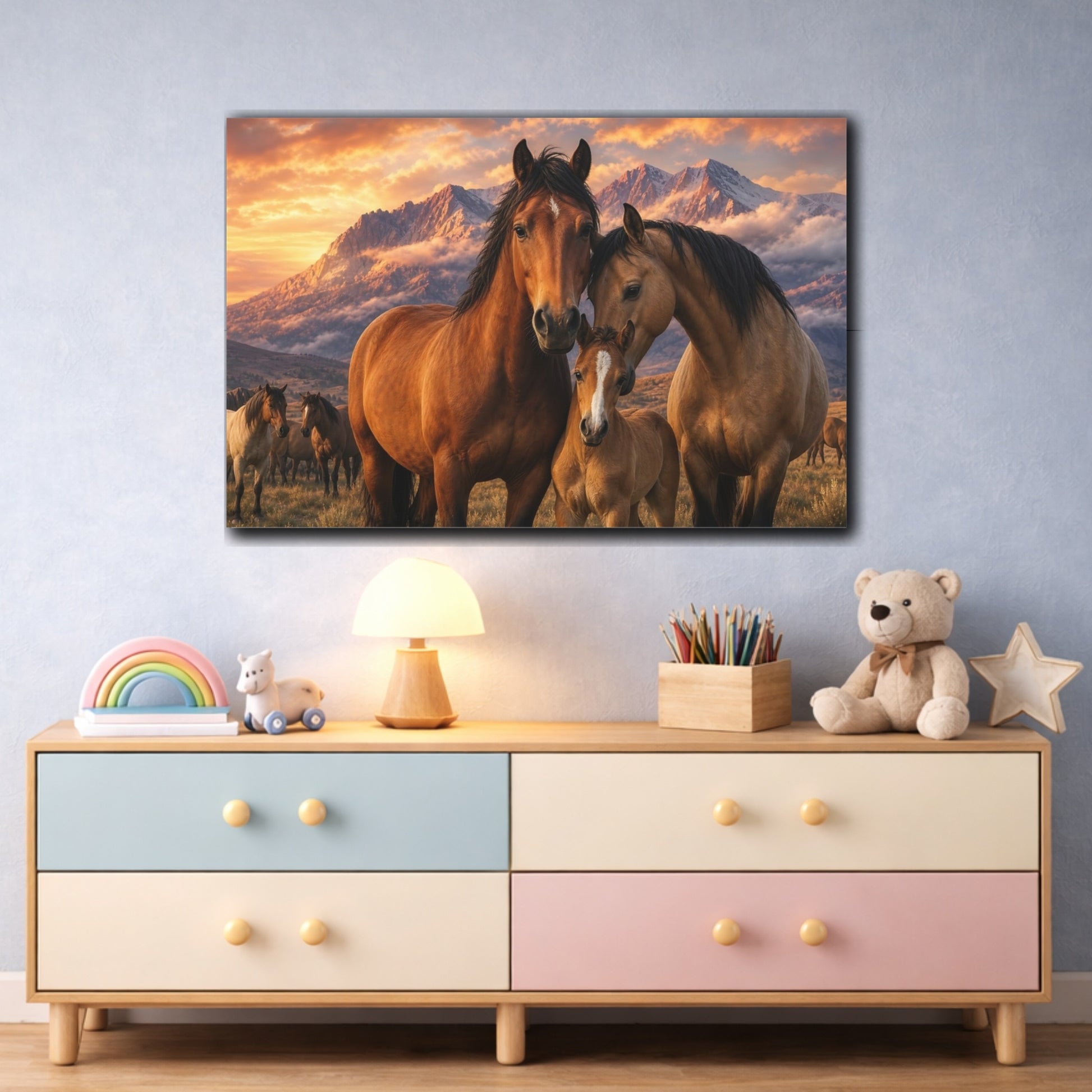 Mockup 3. Safari Luxury Realism Horse Herd Beneath Mountain Clouds shown as stretched canvas wall art