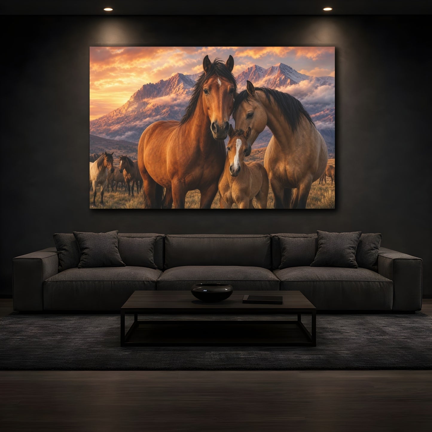 Mockup 4. Safari Luxury Realism Horse Herd Beneath Mountain Clouds shown as stretched canvas wall art