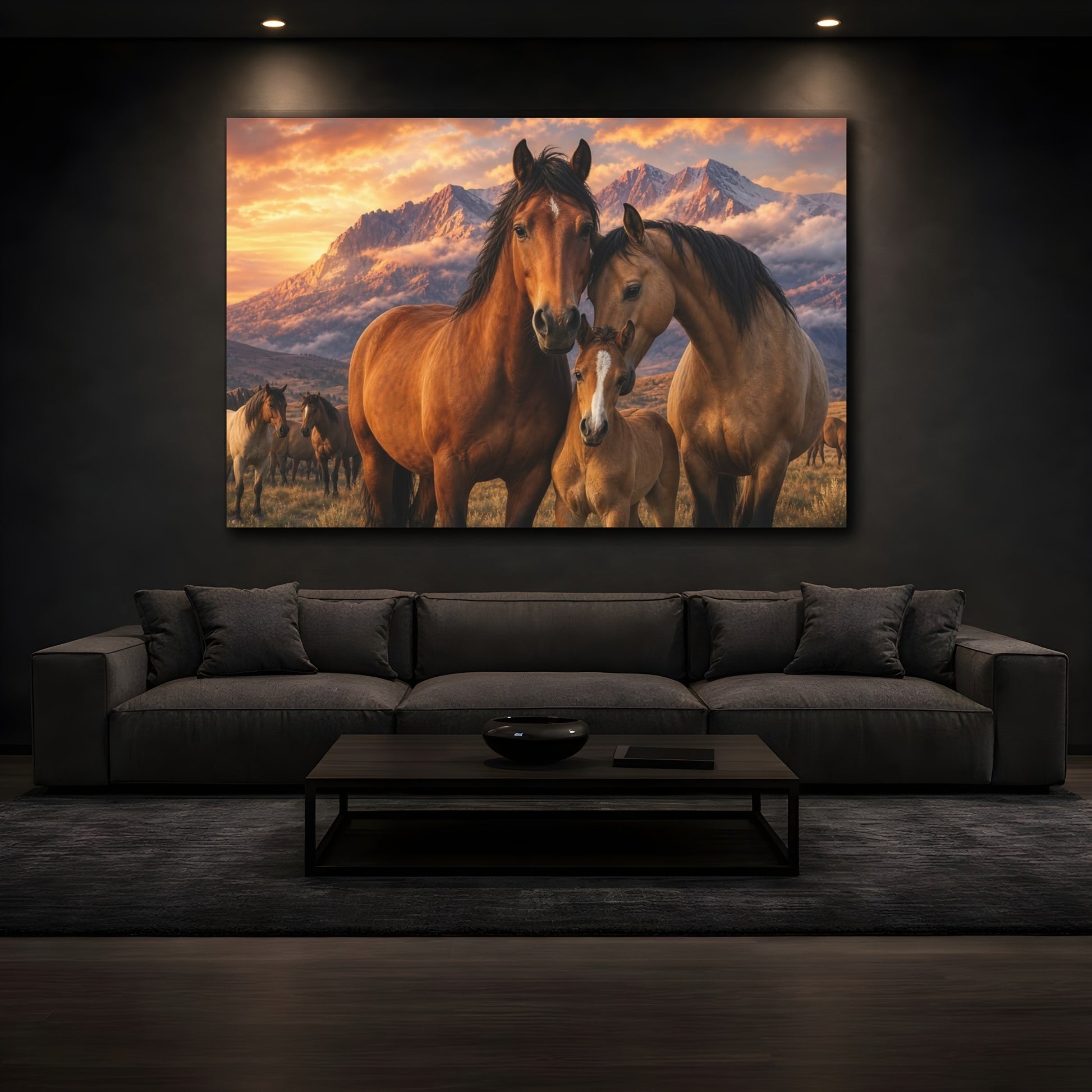 Mockup 4. Safari Luxury Realism Horse Herd Beneath Mountain Clouds shown as stretched canvas wall art