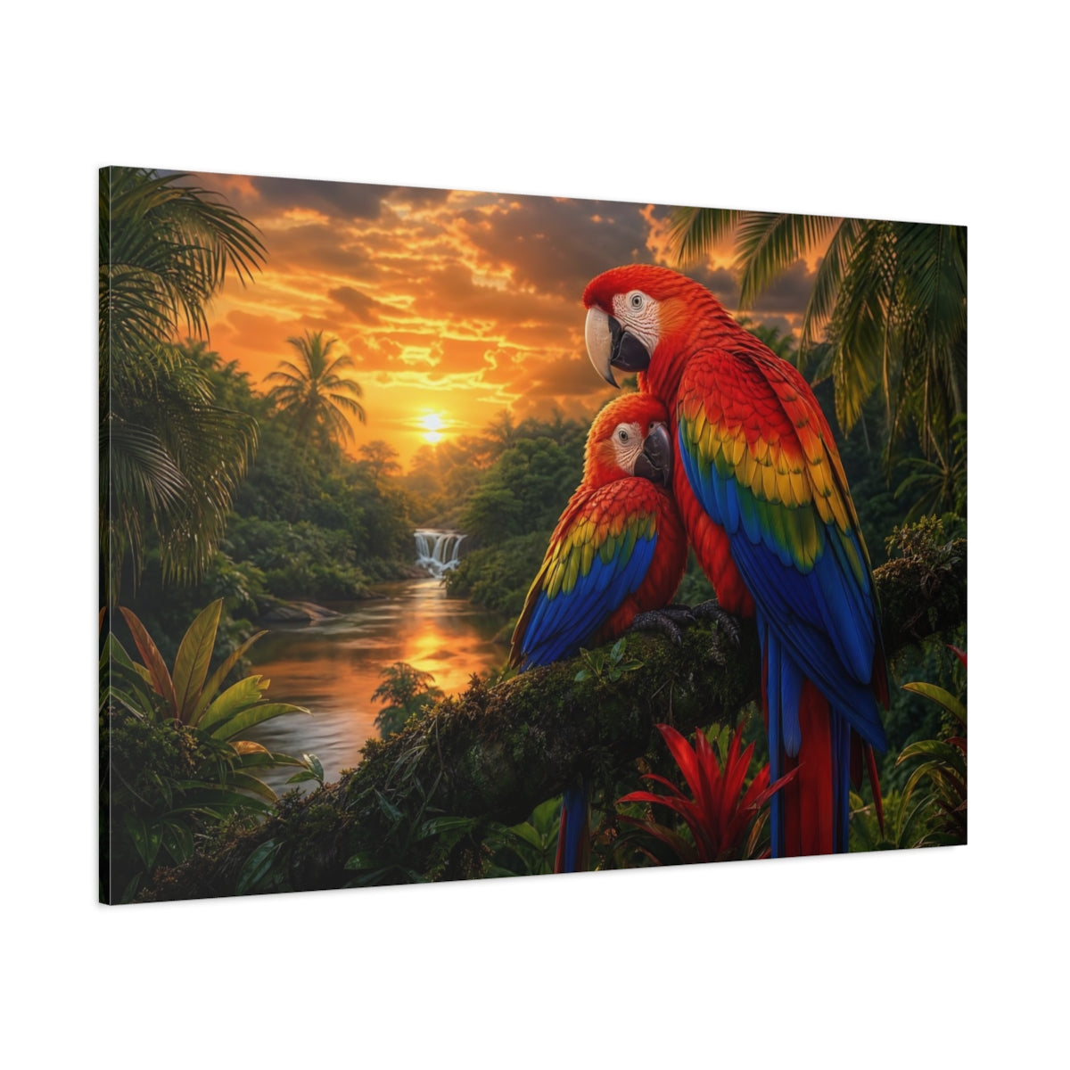Side Mockup 1. Safari Luxury Realism Macaw Pair Over Jungle River shown as stretched canvas wall art