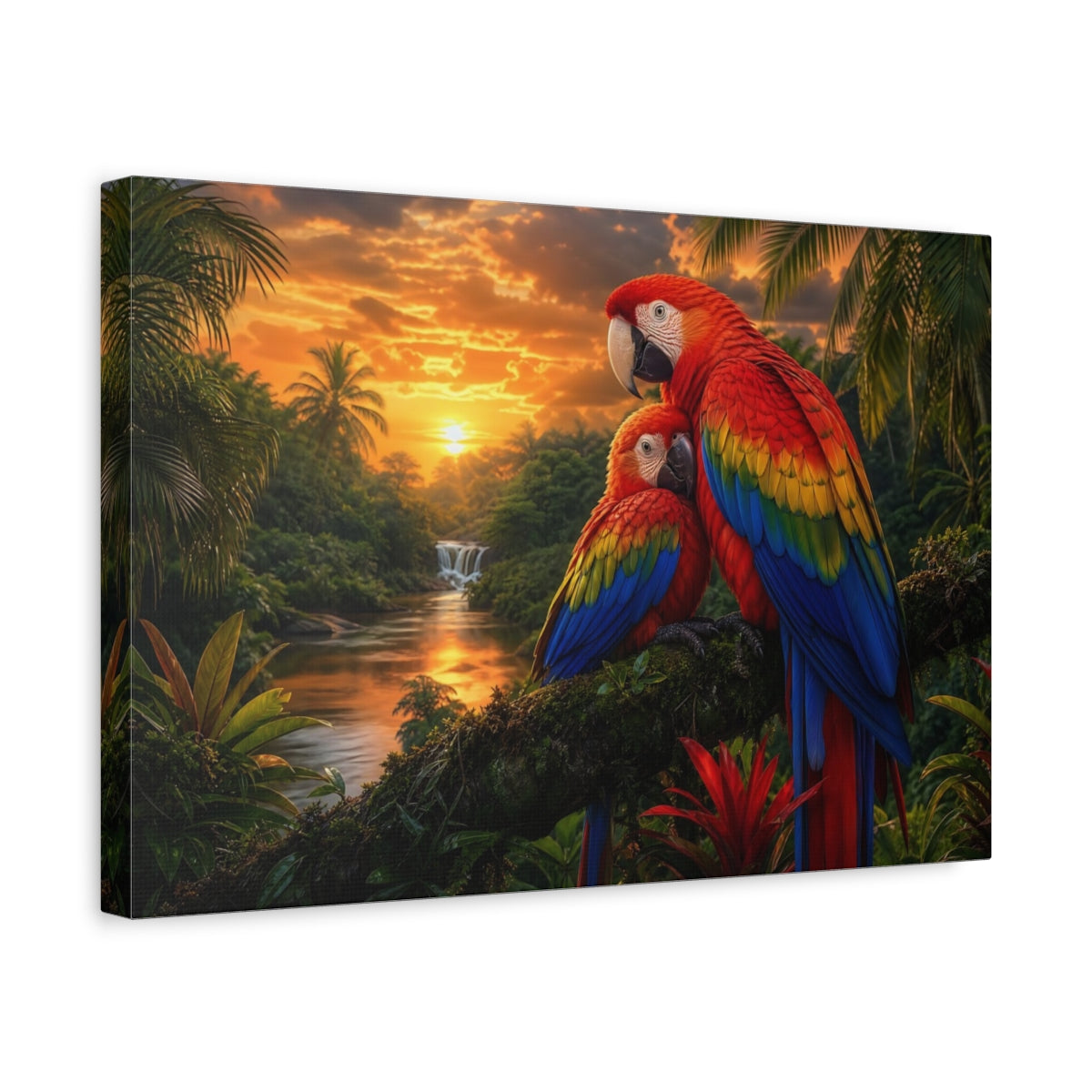 Side Mockup 4. Safari Luxury Realism Macaw Pair Over Jungle River shown as stretched canvas wall art