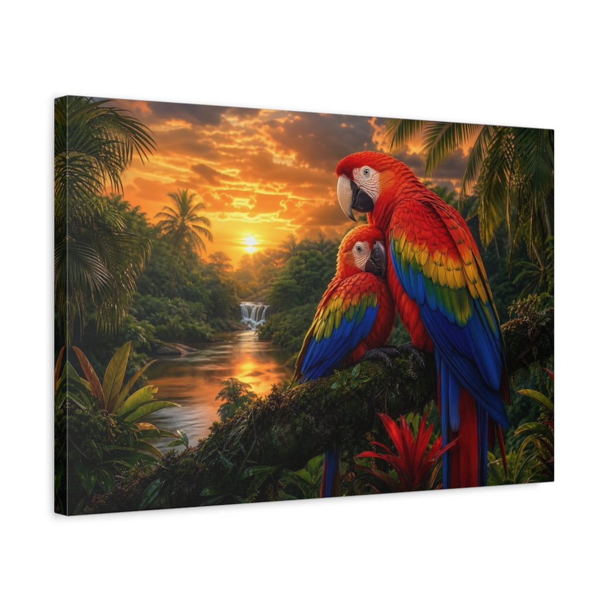 Side Mockup 3. Safari Luxury Realism Macaw Pair Over Jungle River shown as stretched canvas wall art