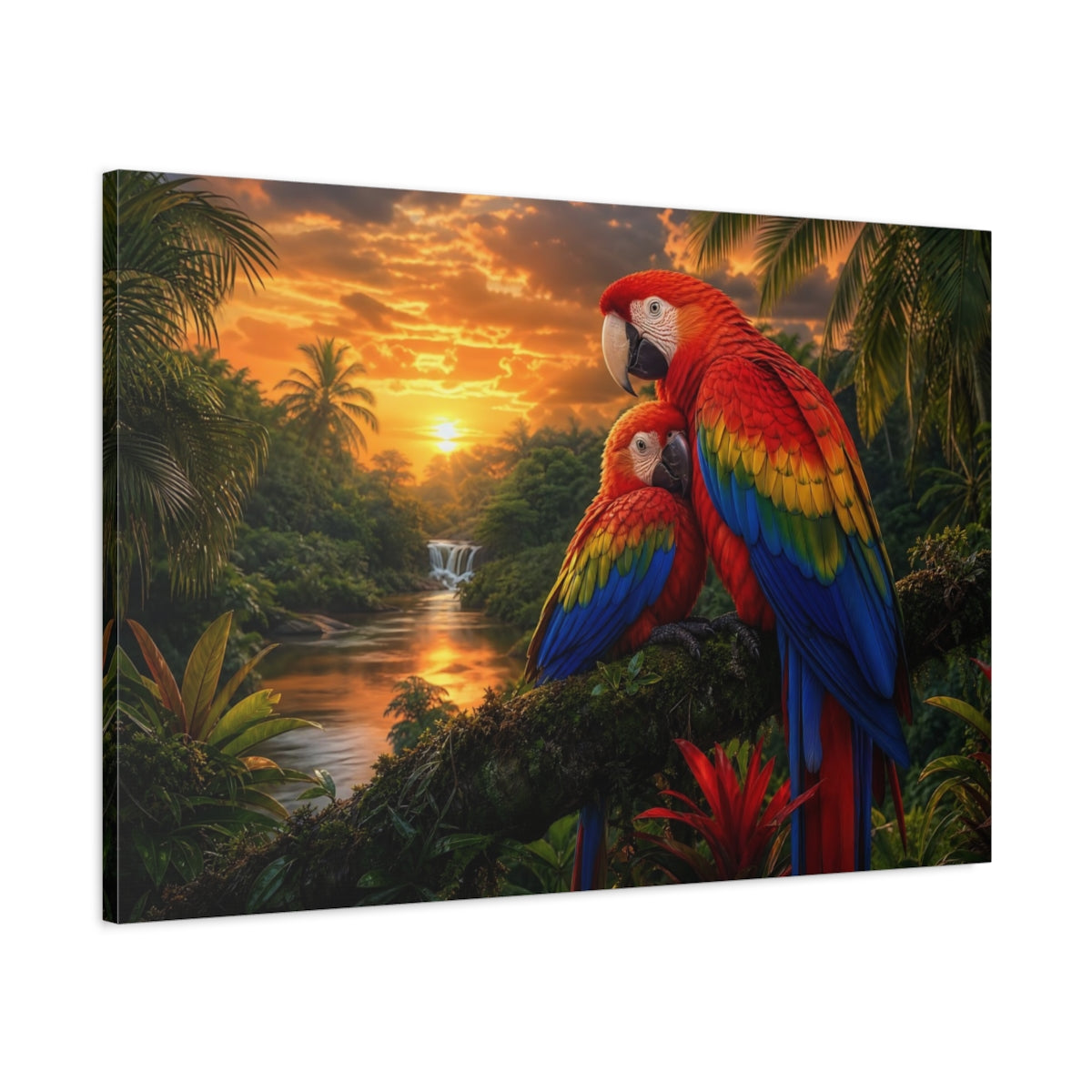 Main Mockup. Safari Luxury Realism Macaw Pair Over Jungle River shown as stretched canvas wall art