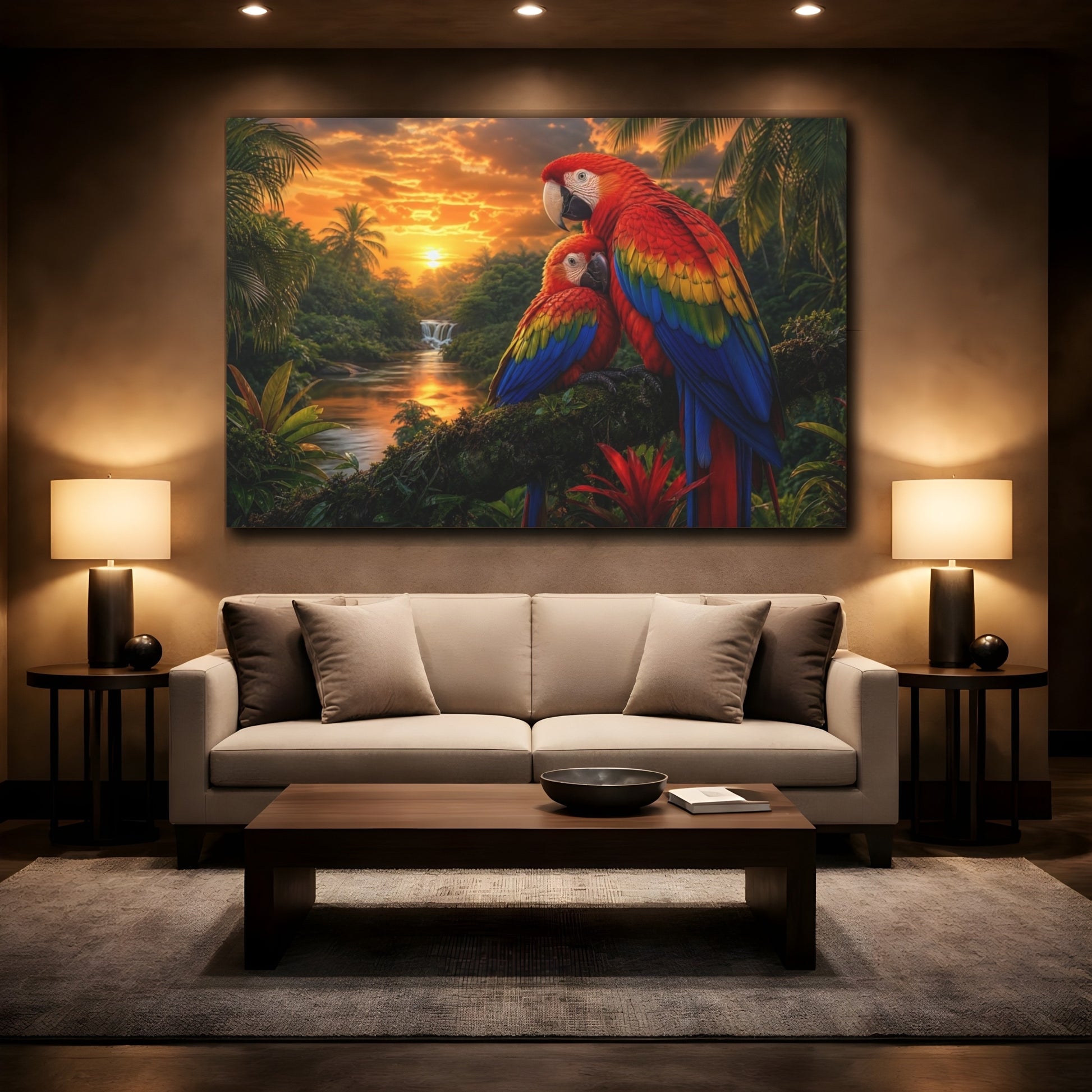 Mockup 2. Safari Luxury Realism Macaw Pair Over Jungle River shown as stretched canvas wall art