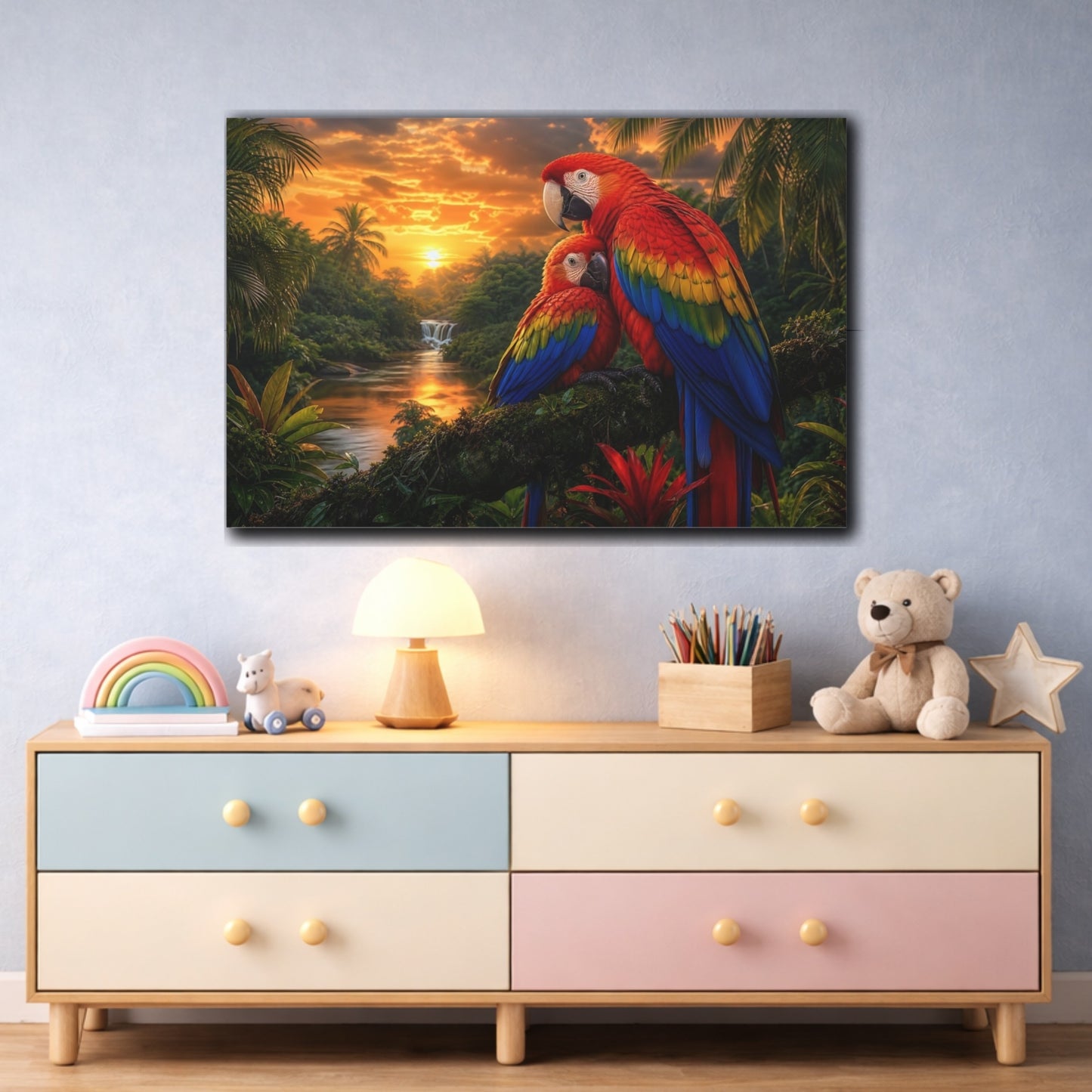 Mockup 3. Safari Luxury Realism Macaw Pair Over Jungle River shown as stretched canvas wall art