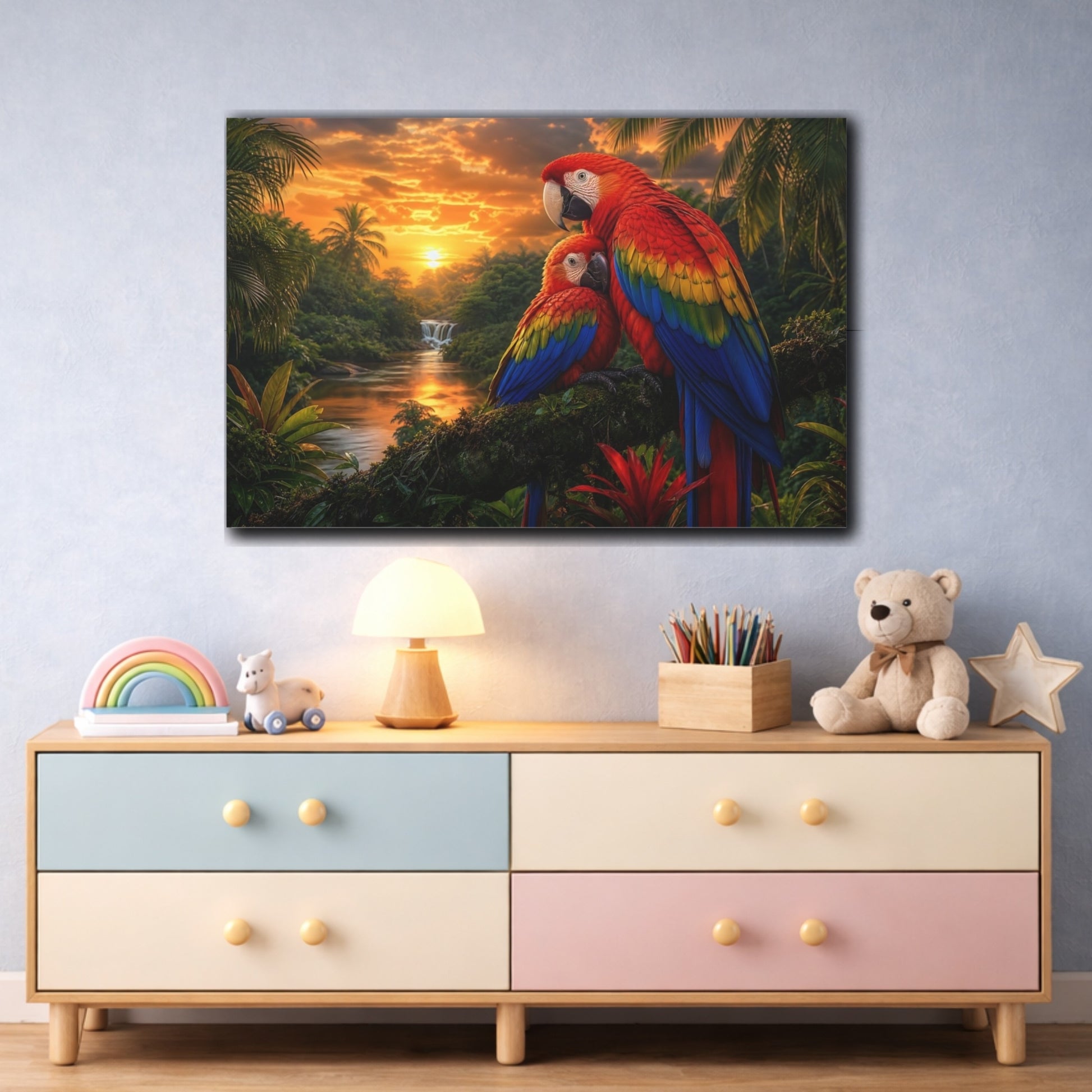 Mockup 3. Safari Luxury Realism Macaw Pair Over Jungle River shown as stretched canvas wall art