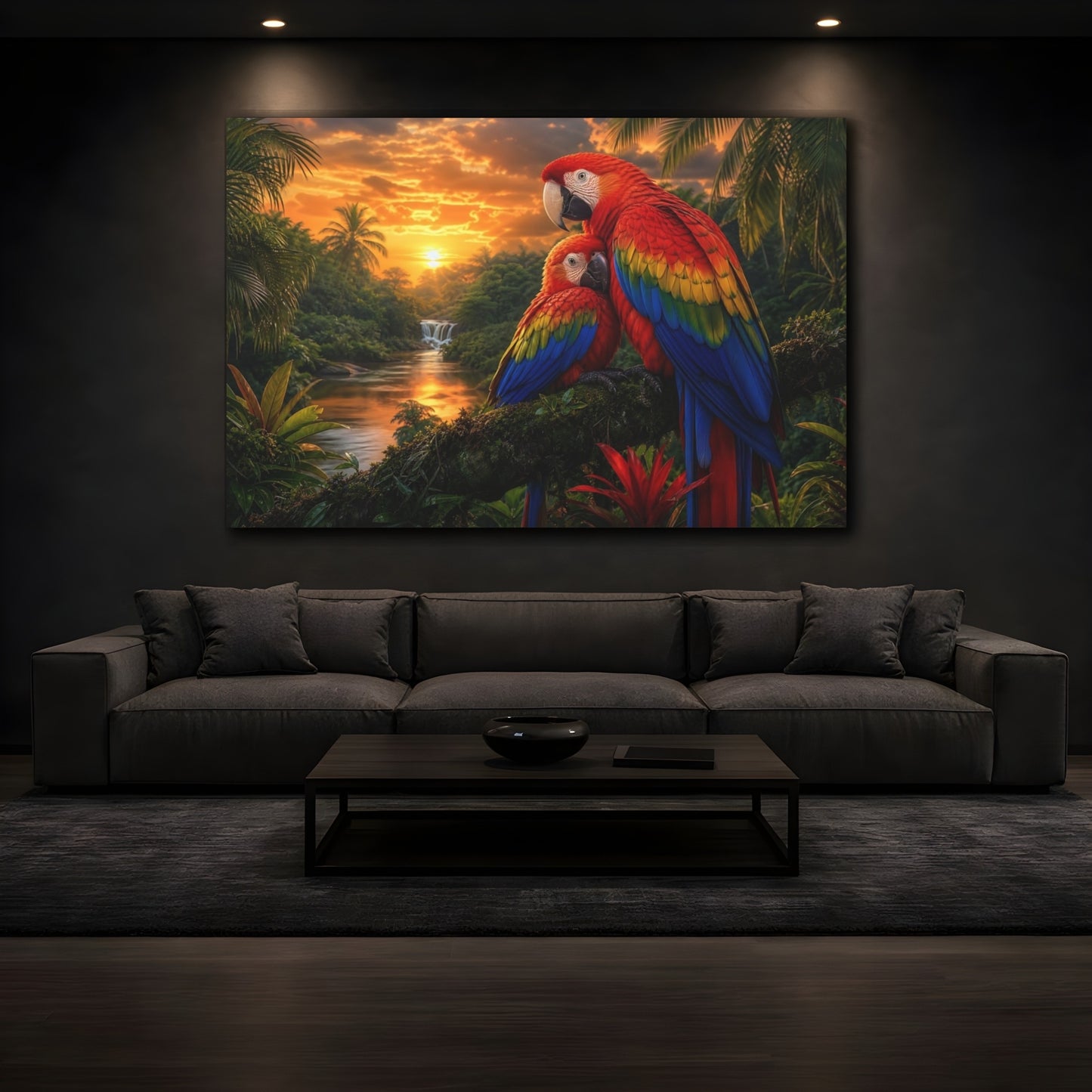 Mockup 4. Safari Luxury Realism Macaw Pair Over Jungle River shown as stretched canvas wall art