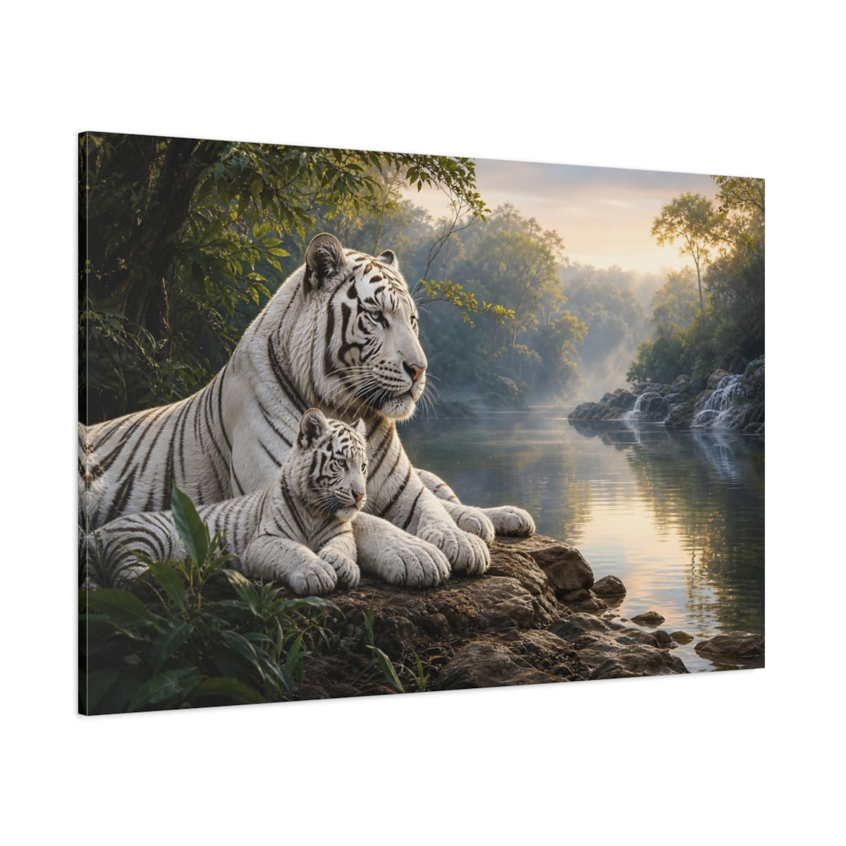 Side Mockup 1. Safari Luxury Realism White Tiger Beside Misty Forest Water shown as stretched canvas wall art
