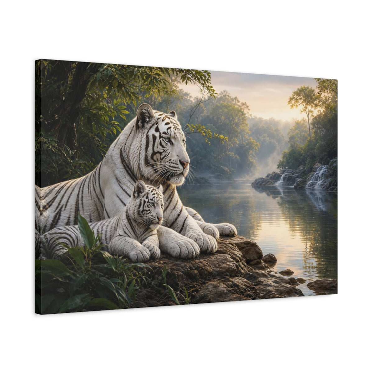 Side Mockup 2. Safari Luxury Realism White Tiger Beside Misty Forest Water shown as stretched canvas wall art