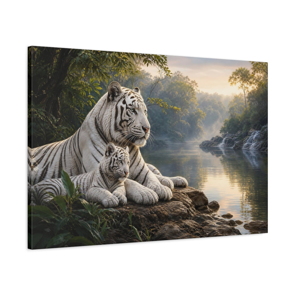 Main Mockup. Safari Luxury Realism White Tiger Beside Misty Forest Water shown as stretched canvas wall art