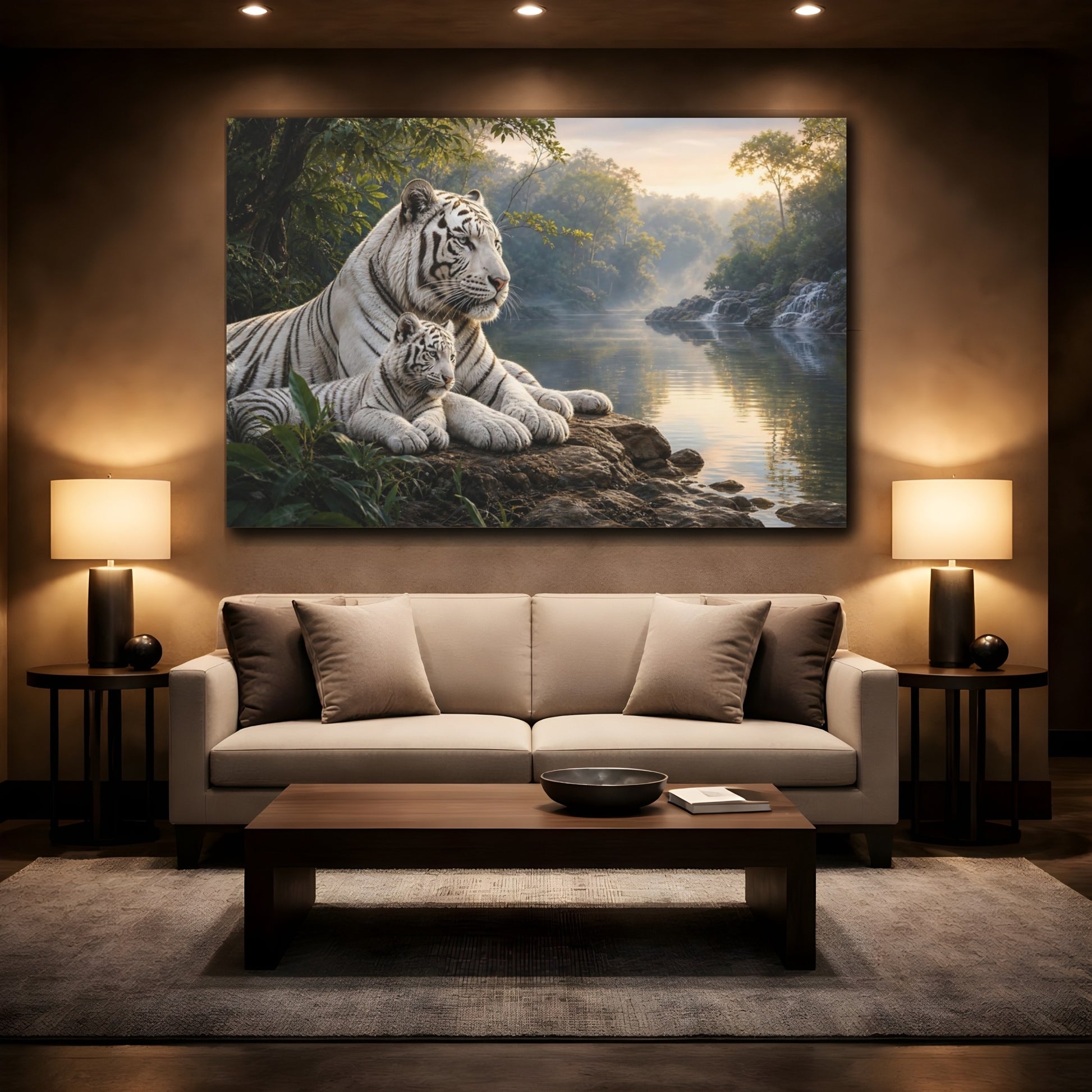 Mockup 2. Safari Luxury Realism White Tiger Beside Misty Forest Water shown as stretched canvas wall art
