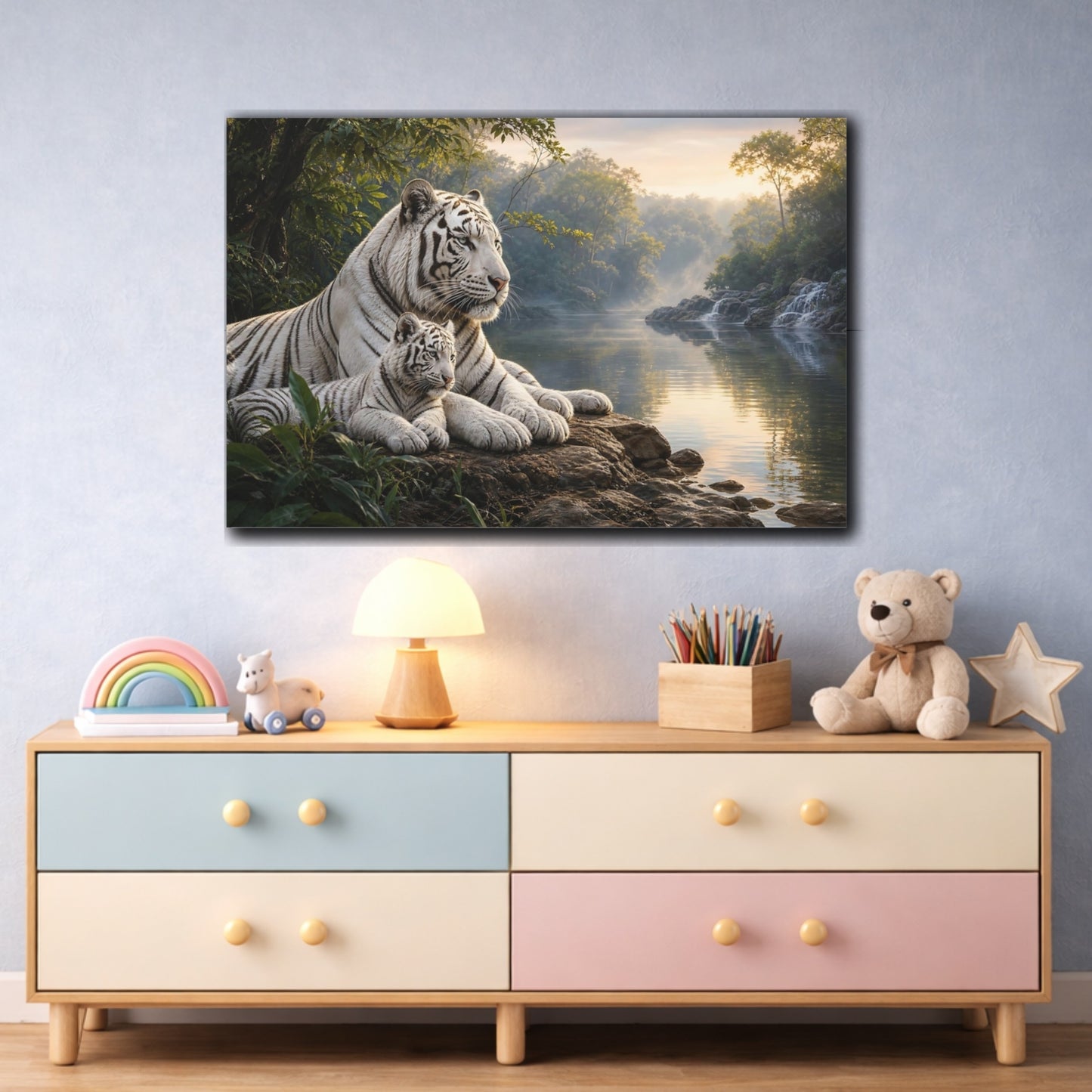 Mockup 3. Safari Luxury Realism White Tiger Beside Misty Forest Water shown as stretched canvas wall art