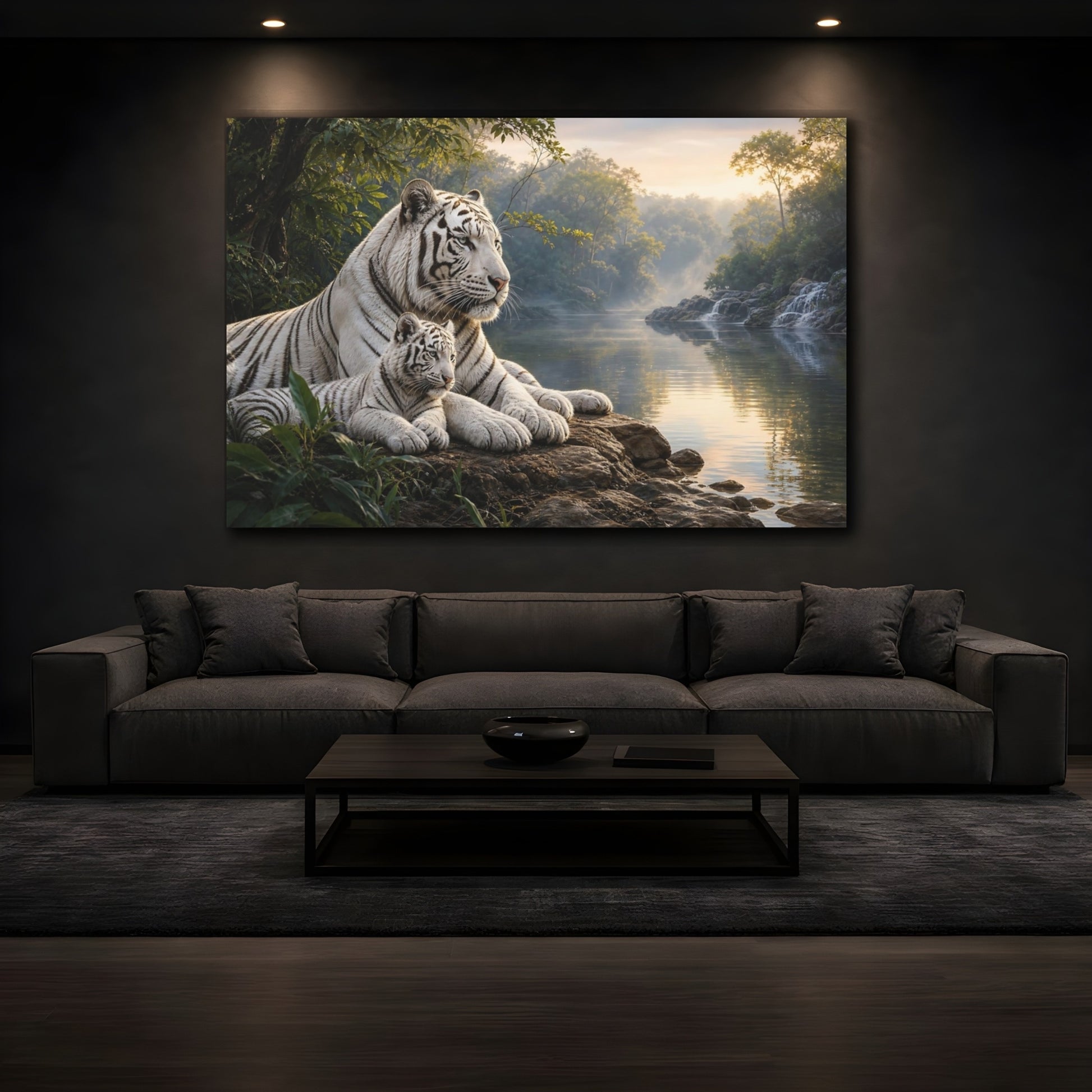 Mockup 4. Safari Luxury Realism White Tiger Beside Misty Forest Water shown as stretched canvas wall art