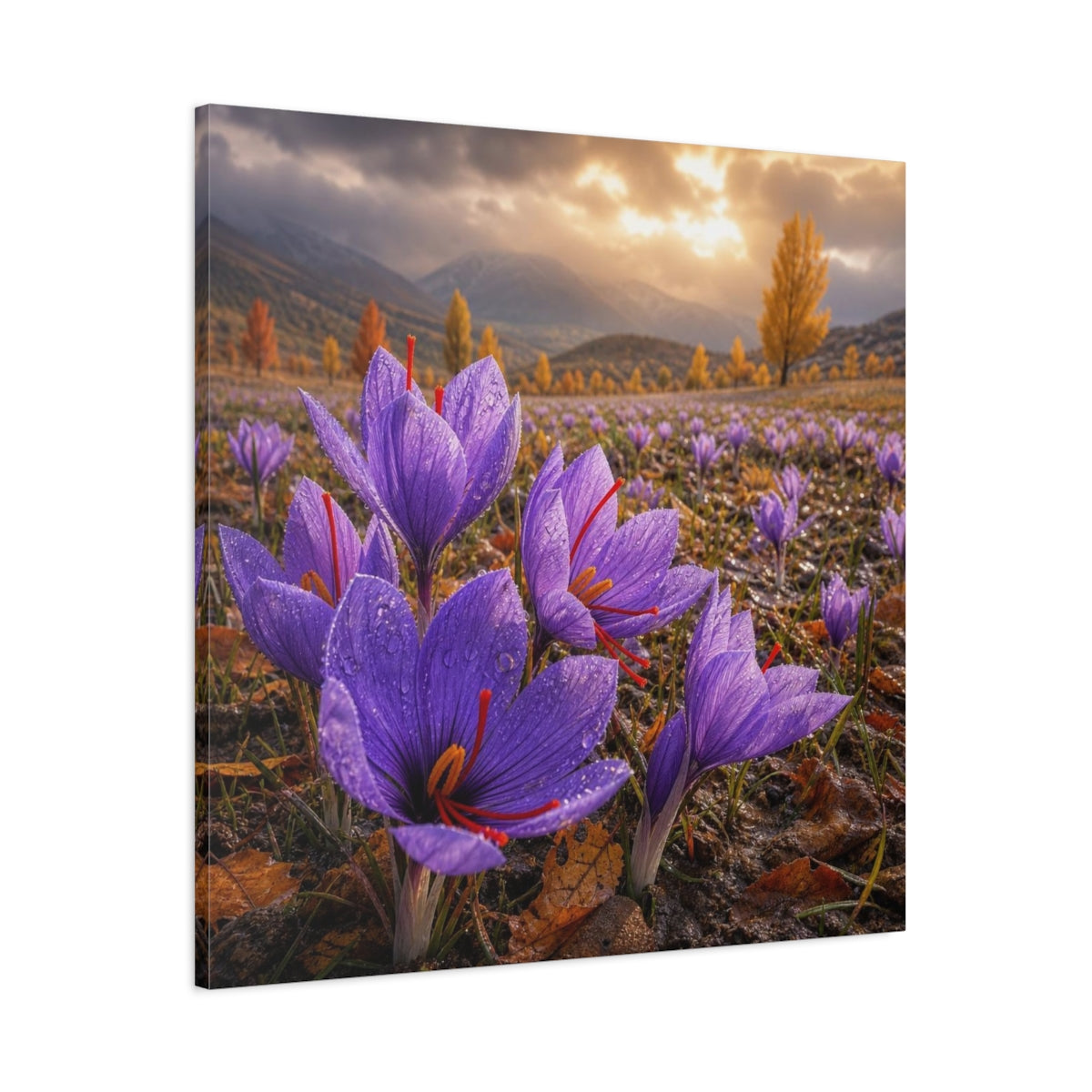 Main Mockup. Saffron Crocuses At Dawn shown as canvas print
