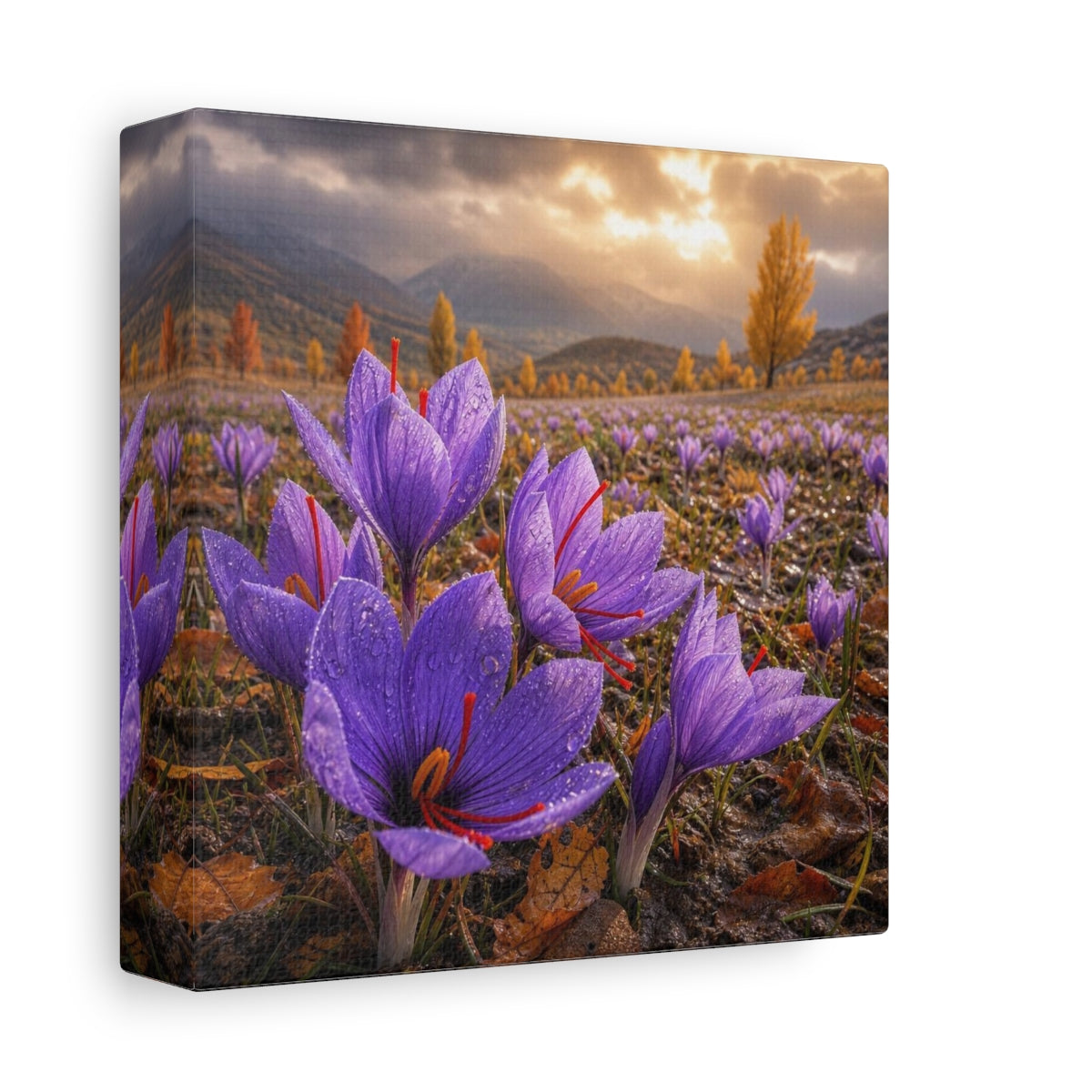 Side Mockup 2. Saffron Crocuses At Dawn shown as canvas print
