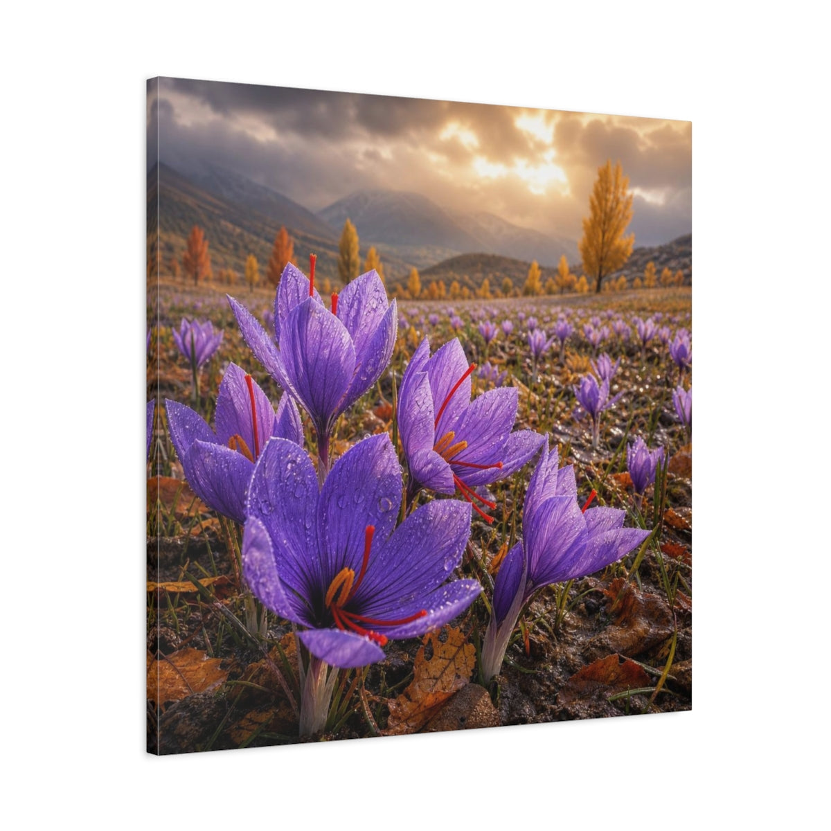 Side Mockup 3. Saffron Crocuses At Dawn shown as canvas print