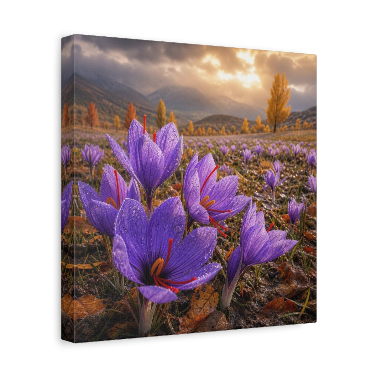 Side Mockup 8. Saffron Crocuses At Dawn shown as canvas print