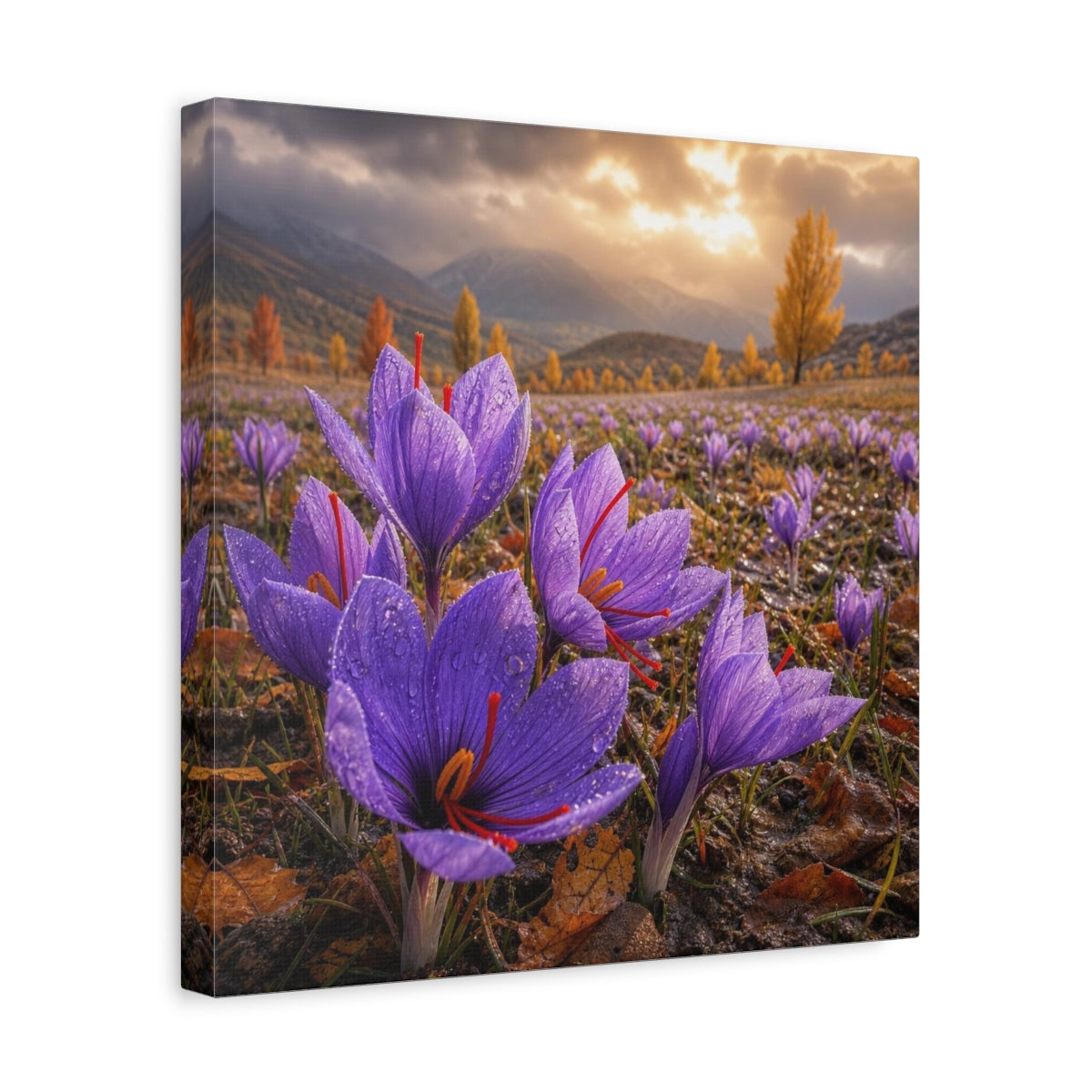 Side Mockup 7. Saffron Crocuses At Dawn shown as canvas print