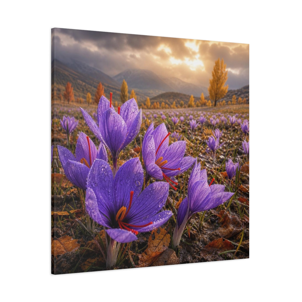 Side Mockup 1. Saffron Crocuses At Dawn shown as canvas print