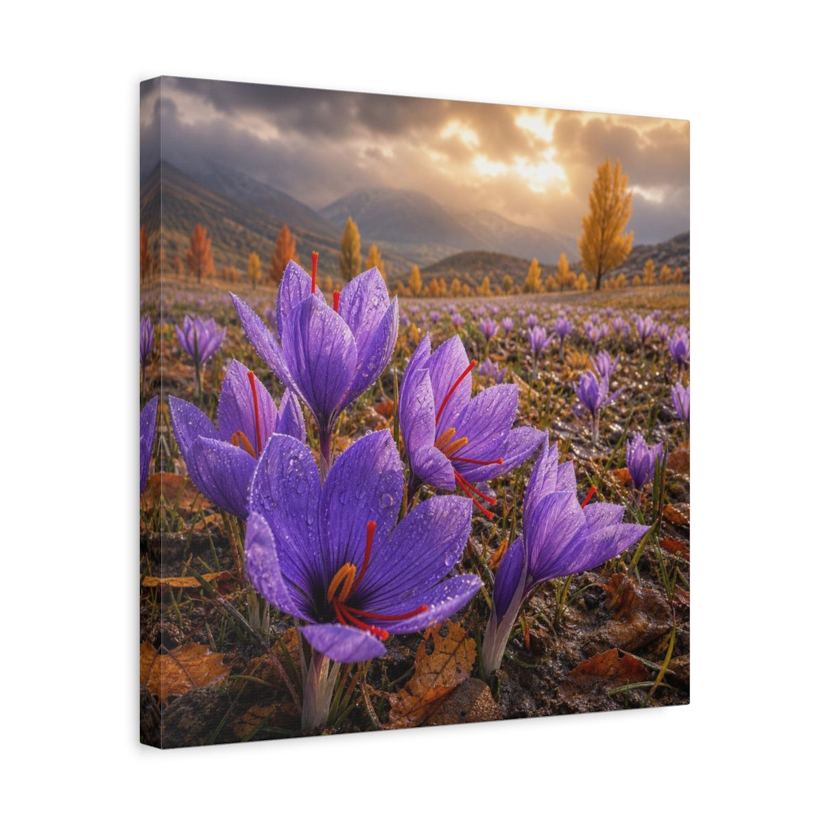 Side Mockup 6. Saffron Crocuses At Dawn shown as canvas print