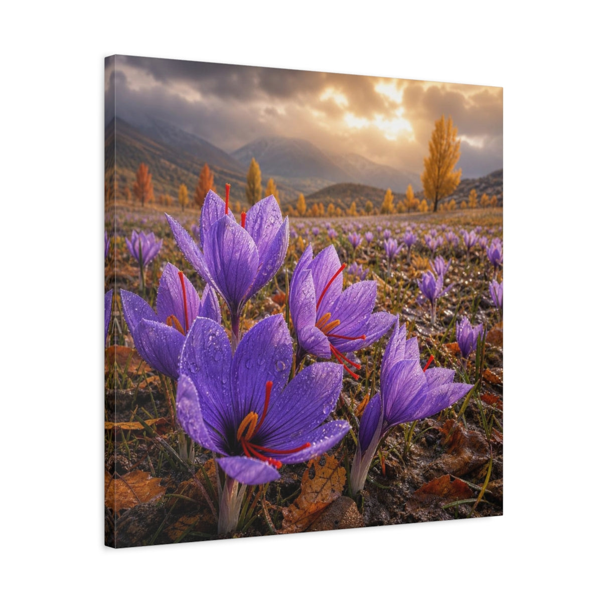 Side Mockup 4. Saffron Crocuses At Dawn shown as canvas print