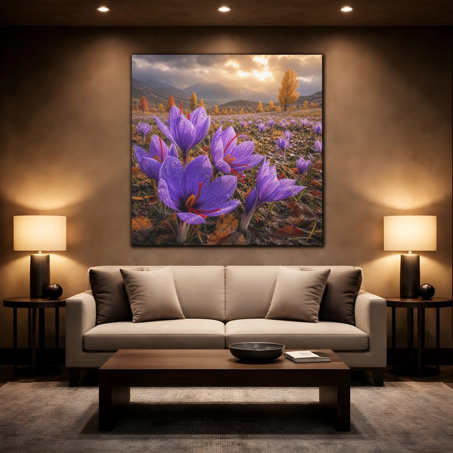 Mockup 2. Saffron Crocuses At Dawn shown as canvas print