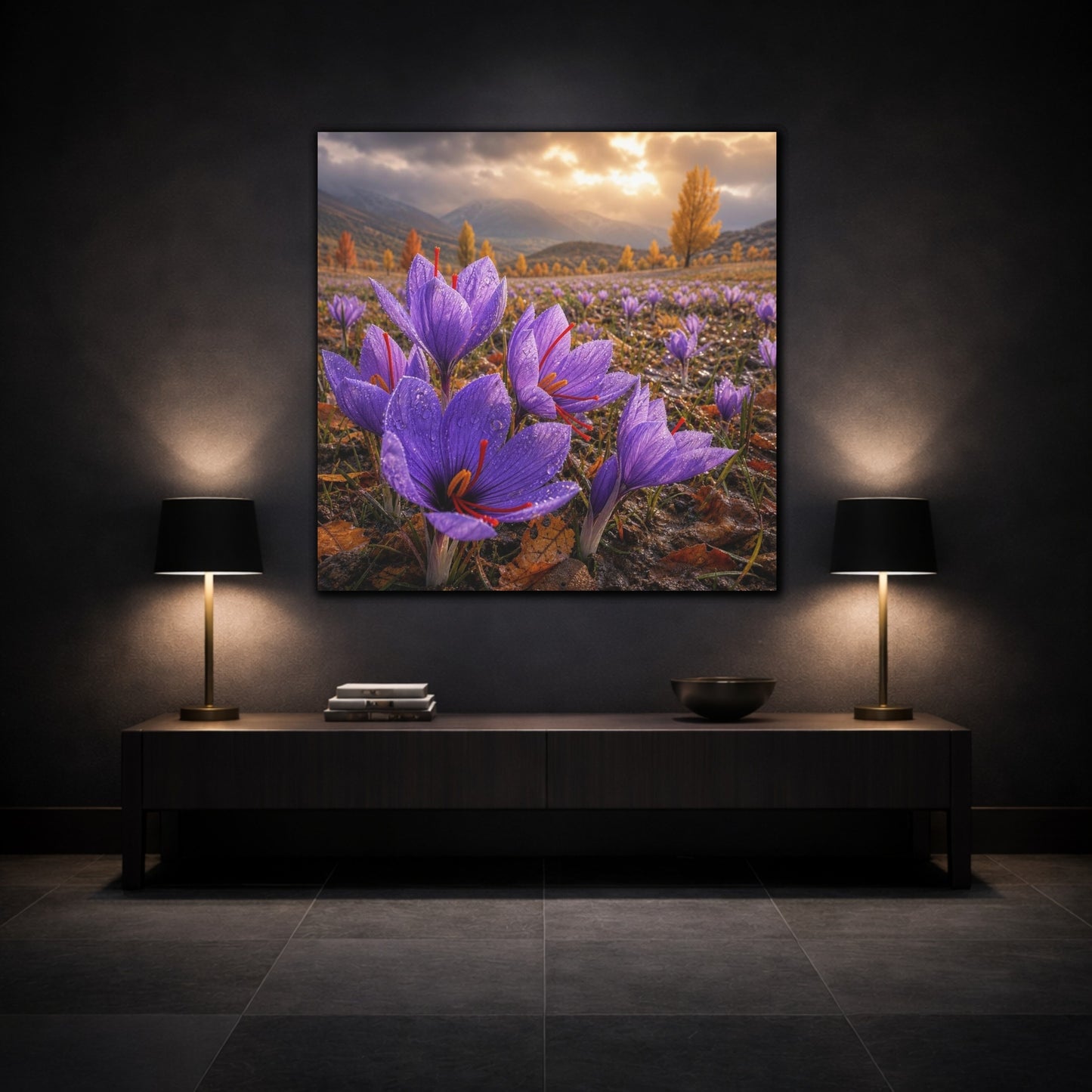 Mockup 3. Saffron Crocuses At Dawn shown as canvas print