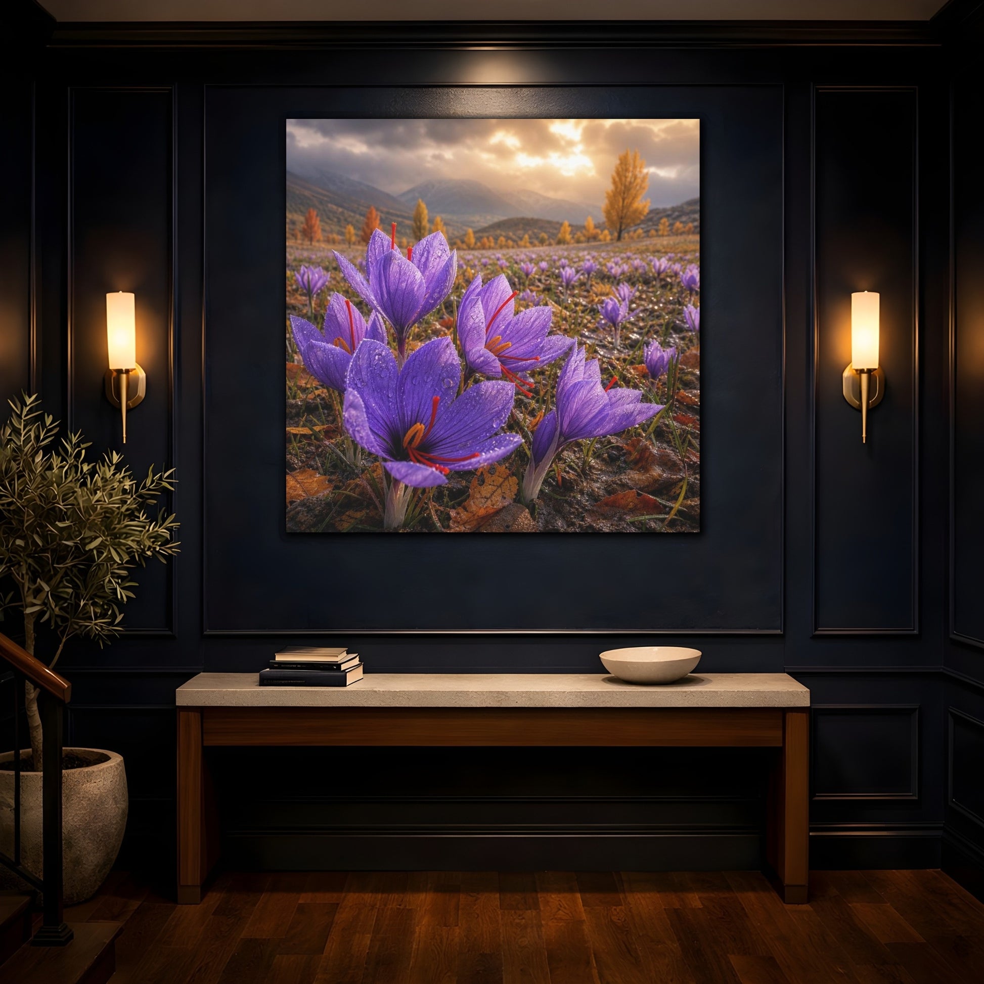 Mockup 4. Saffron Crocuses At Dawn shown as canvas print