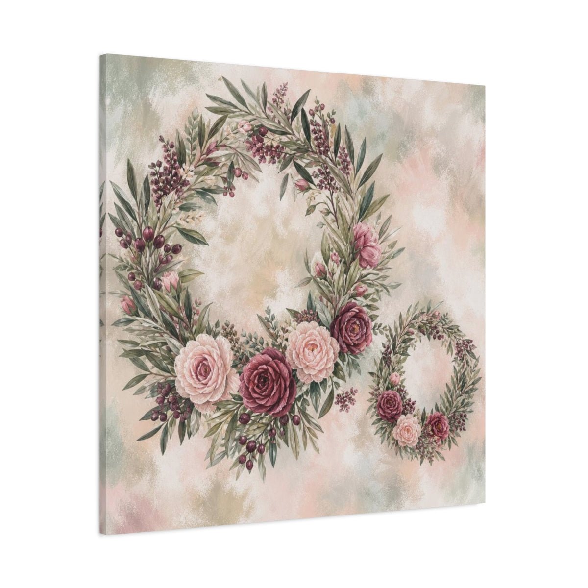Sage Blush Rose Wreaths Canvas Print Wall Art – Bedroom Decor, Above Headboard - YesArtYes