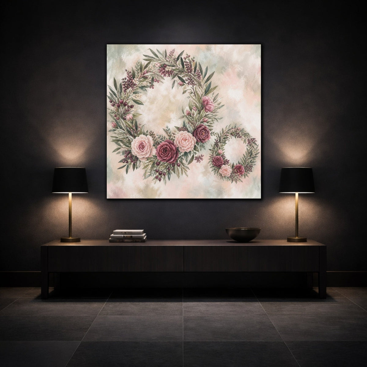 Sage Blush Rose Wreaths Canvas Print Wall Art – Bedroom Decor, Above Headboard - YesArtYes