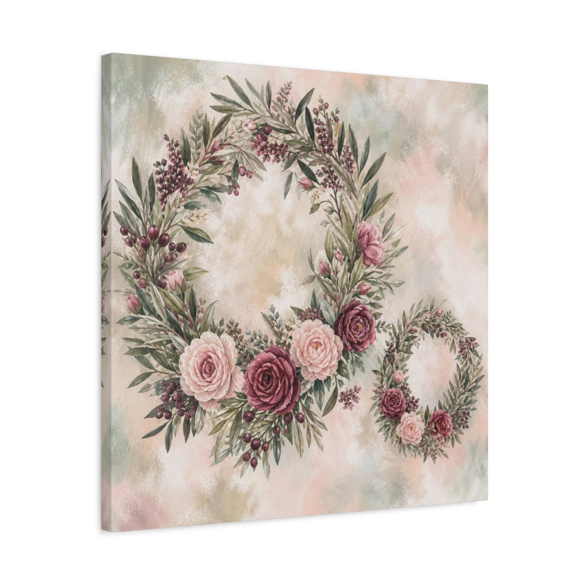 Side Mockup 4. Sage Blush Rose Wreaths shown as canvas print