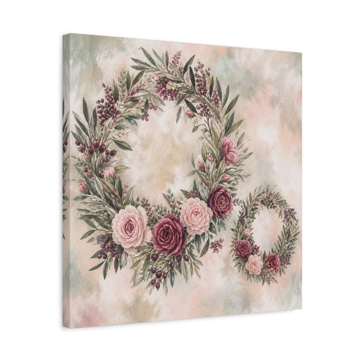 Side Mockup 5. Sage Blush Rose Wreaths shown as canvas print