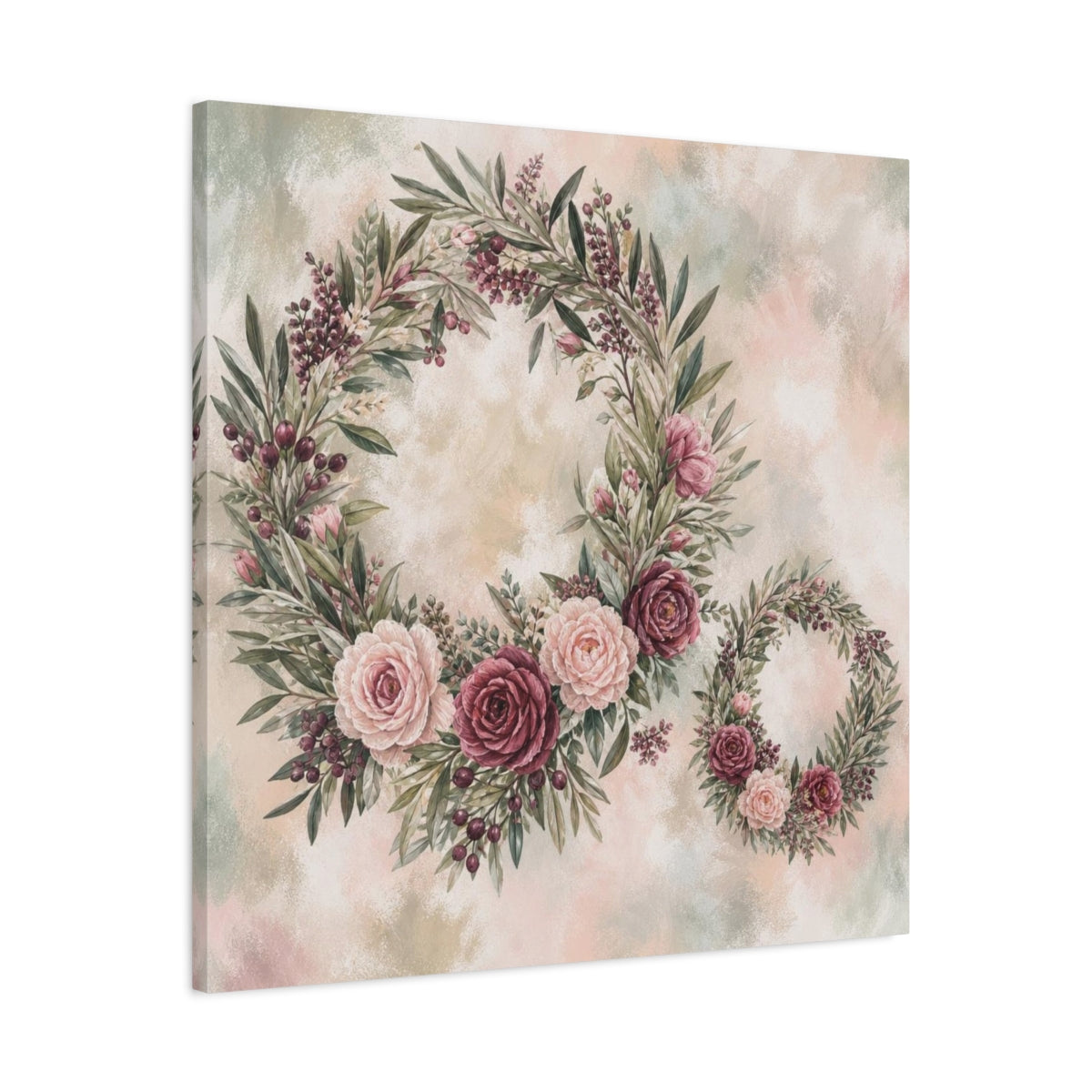 Side Mockup 3. Sage Blush Rose Wreaths shown as canvas print